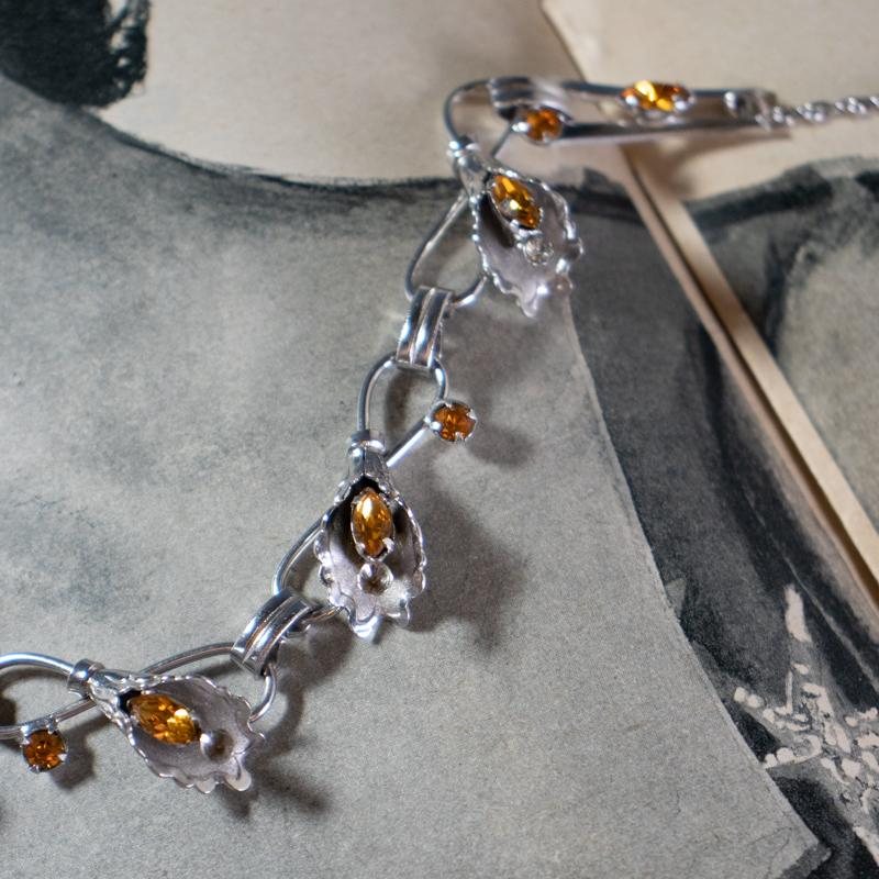 C.a. 1950-60s Canadian Bond Boyd Sterling Silver Calla Lily with Yellow Stone Bracelet & Necklace Set(MT252)