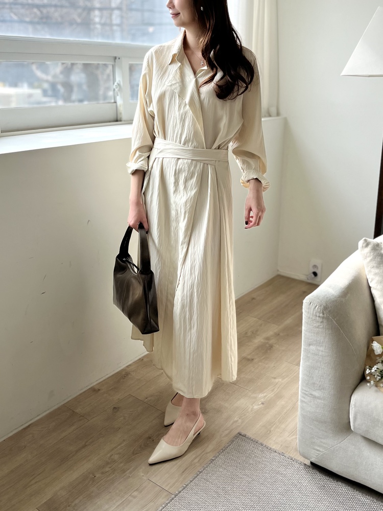 Minimal Belted Shirt Dress (Light Beige)