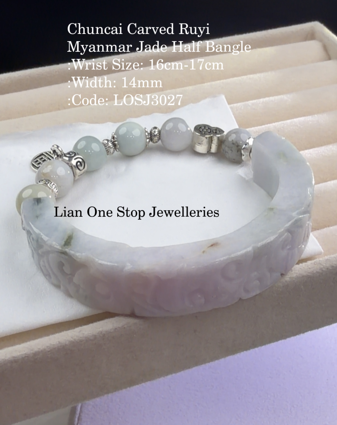 Code: LOSJ3027 Chuncai Carved Ruyi Myanmar Jade Half Bangle