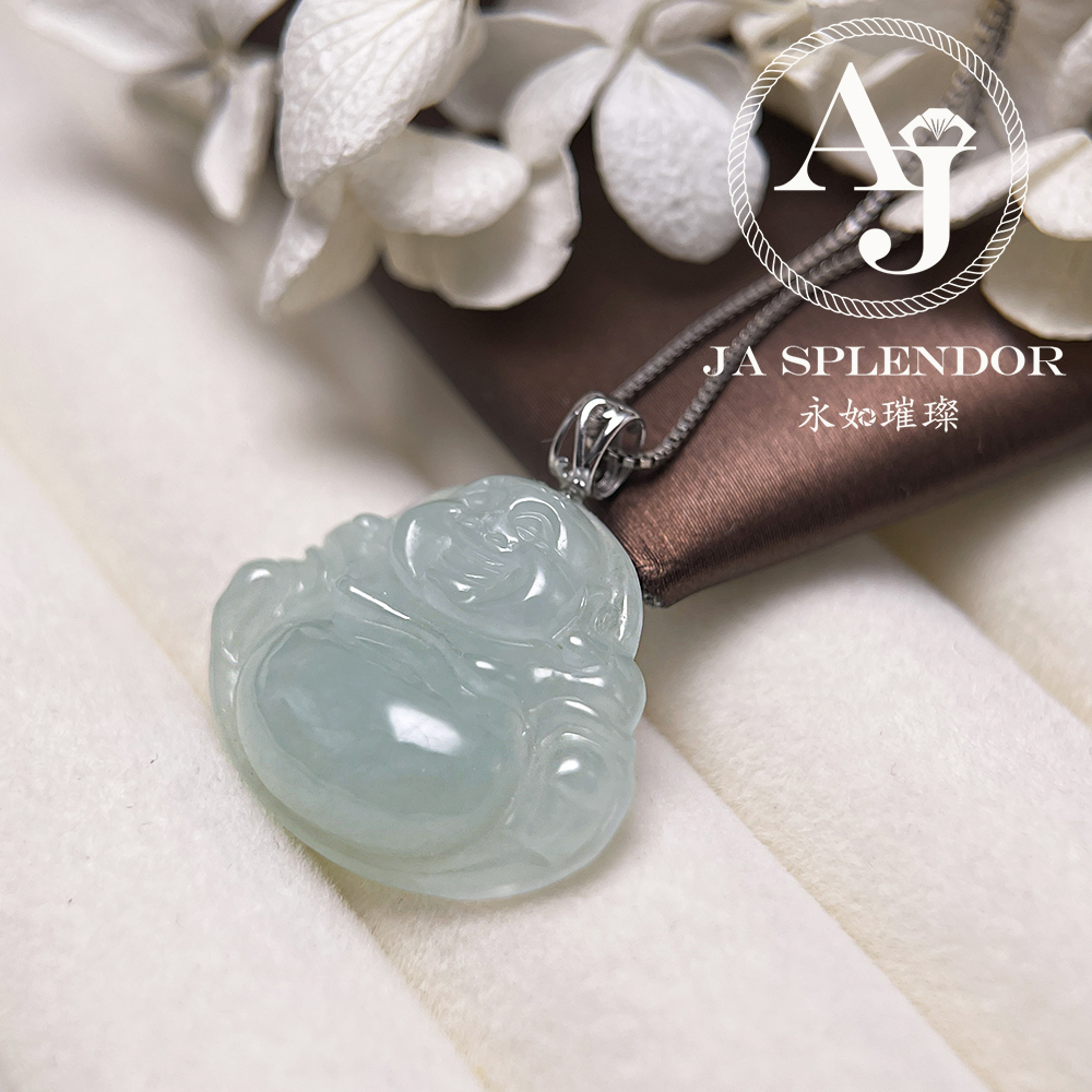 JNK-360 天然翡翠A玉 冰種晴綠笑佛/佛公18K金吊墜(法師加持)