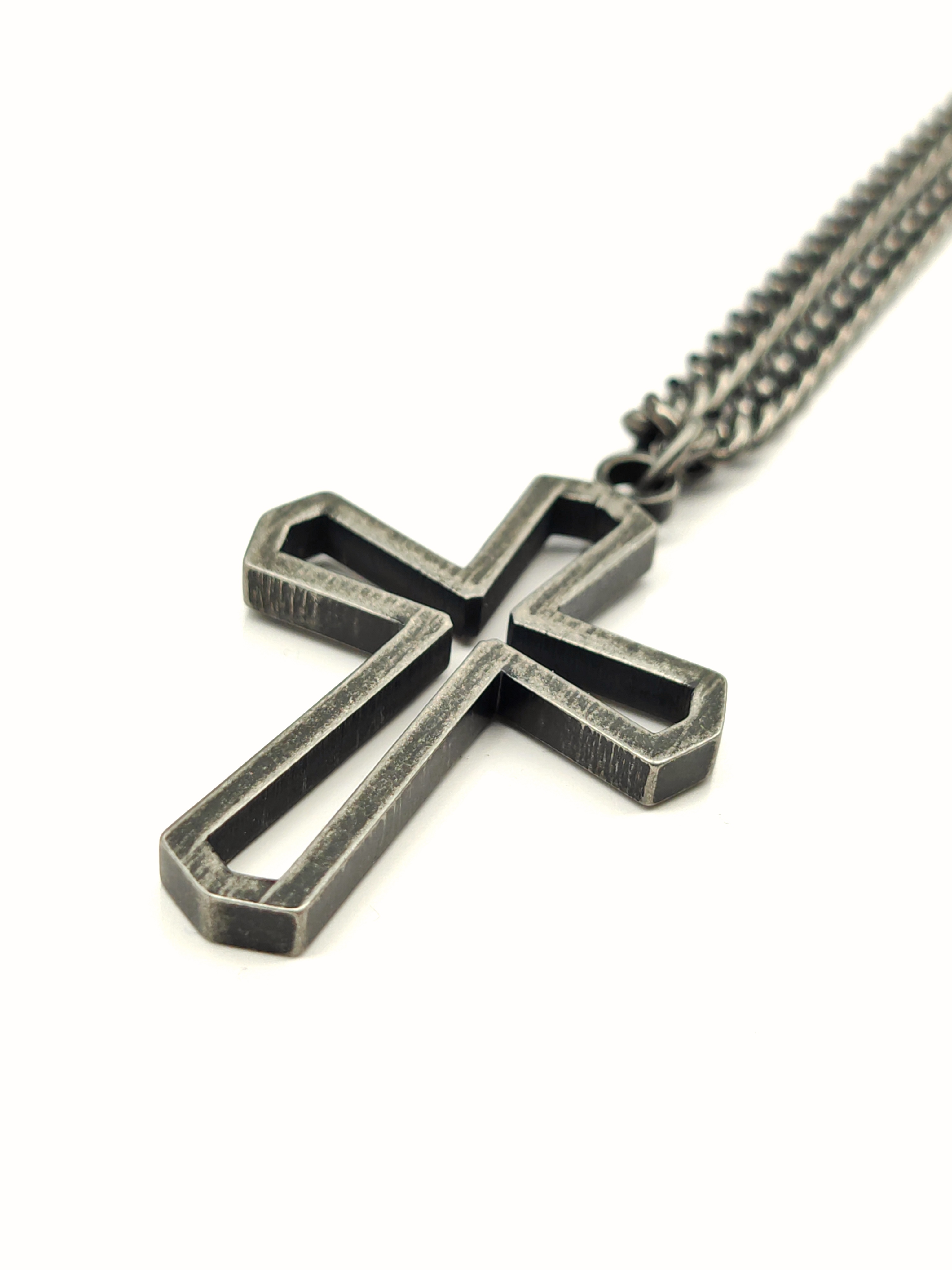 不銹鋼復古銀黑色34mm縷空十字架頸鏈(N864OXD)Stainless Steel Antique Black Silver 34mm Cross Necklace 