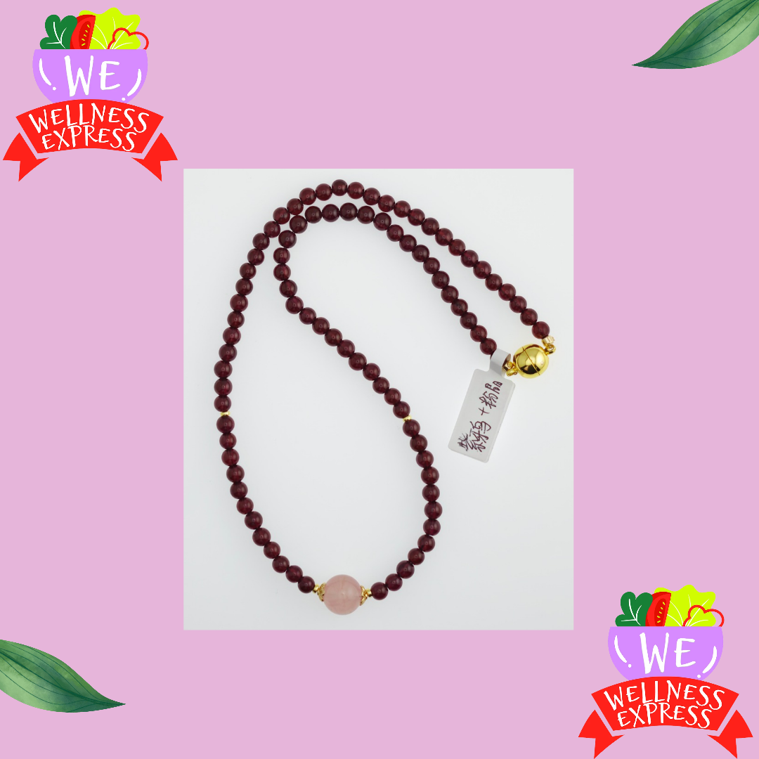 紫牙烏石榴石項鍊/Garnet (Almandine) Necklace with Single Rose Quartz Bead