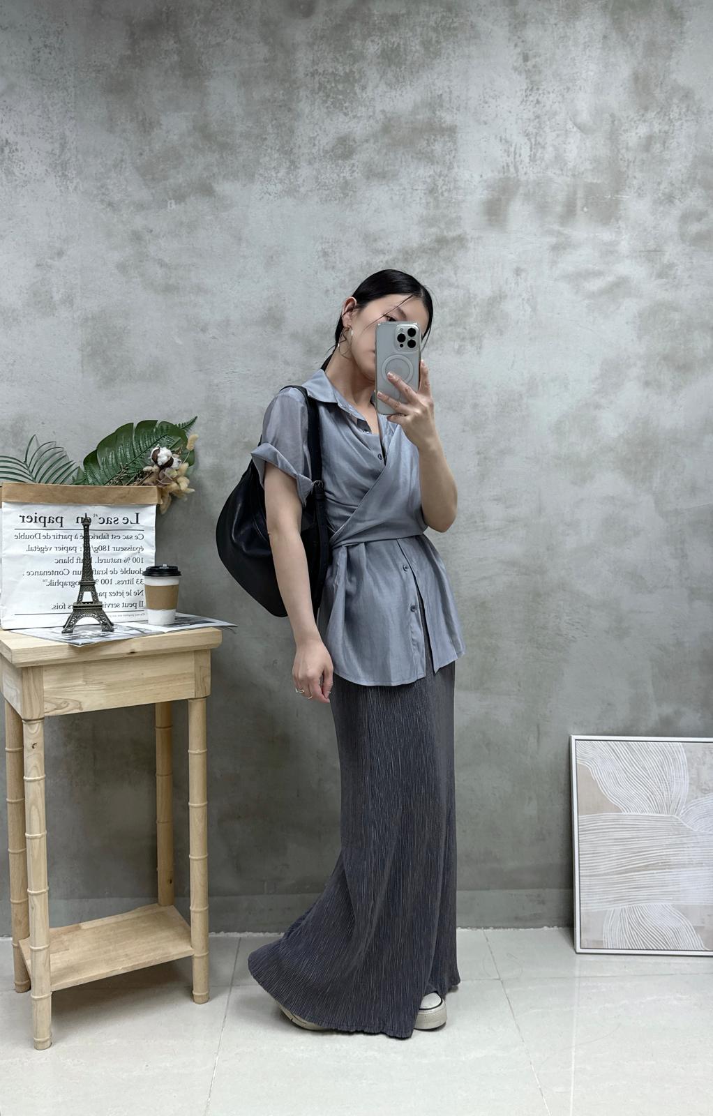 G02 交叉綁腰絲質恤衫