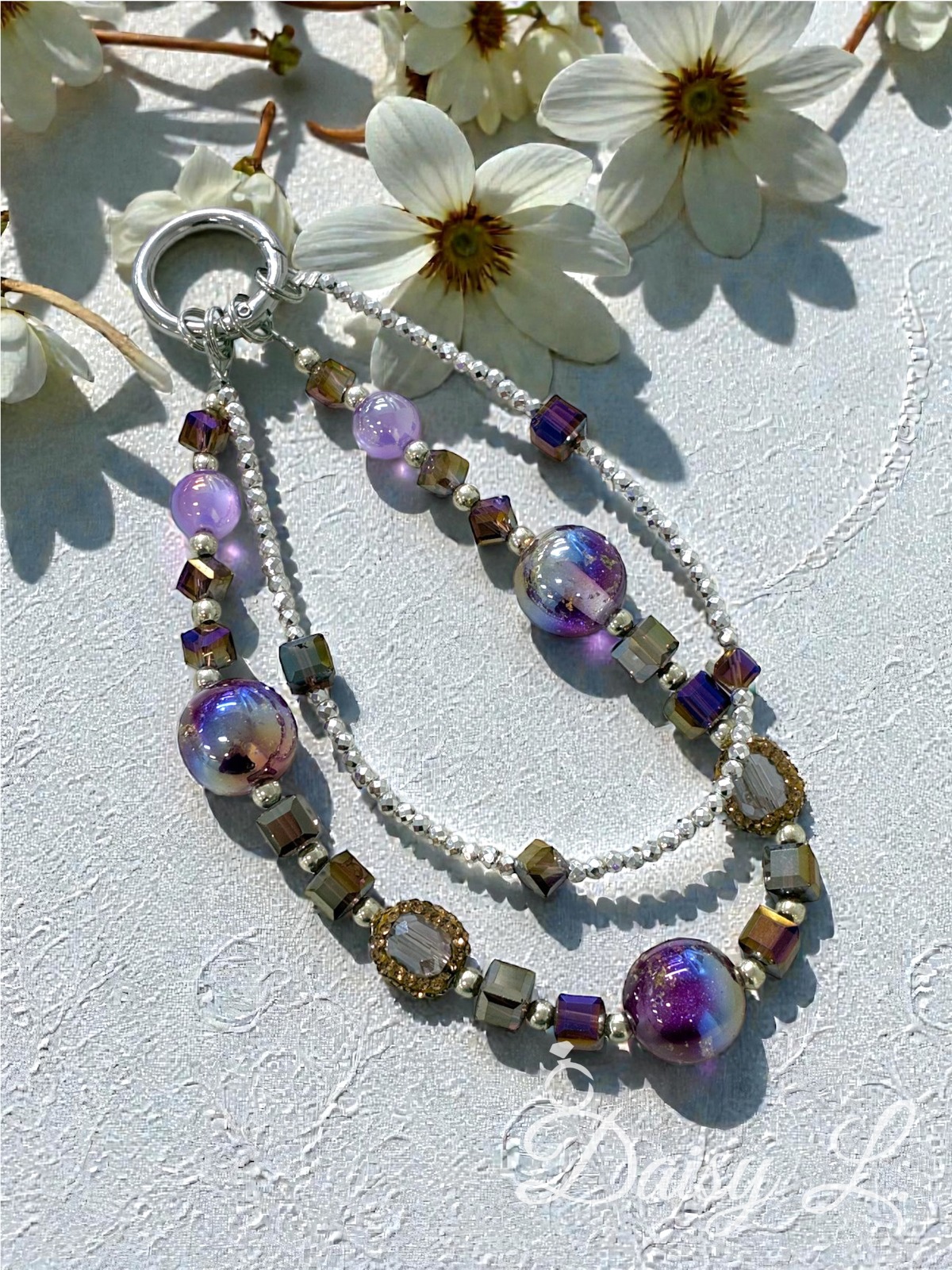 紫色夢幻風格雙層水晶手機掛繩