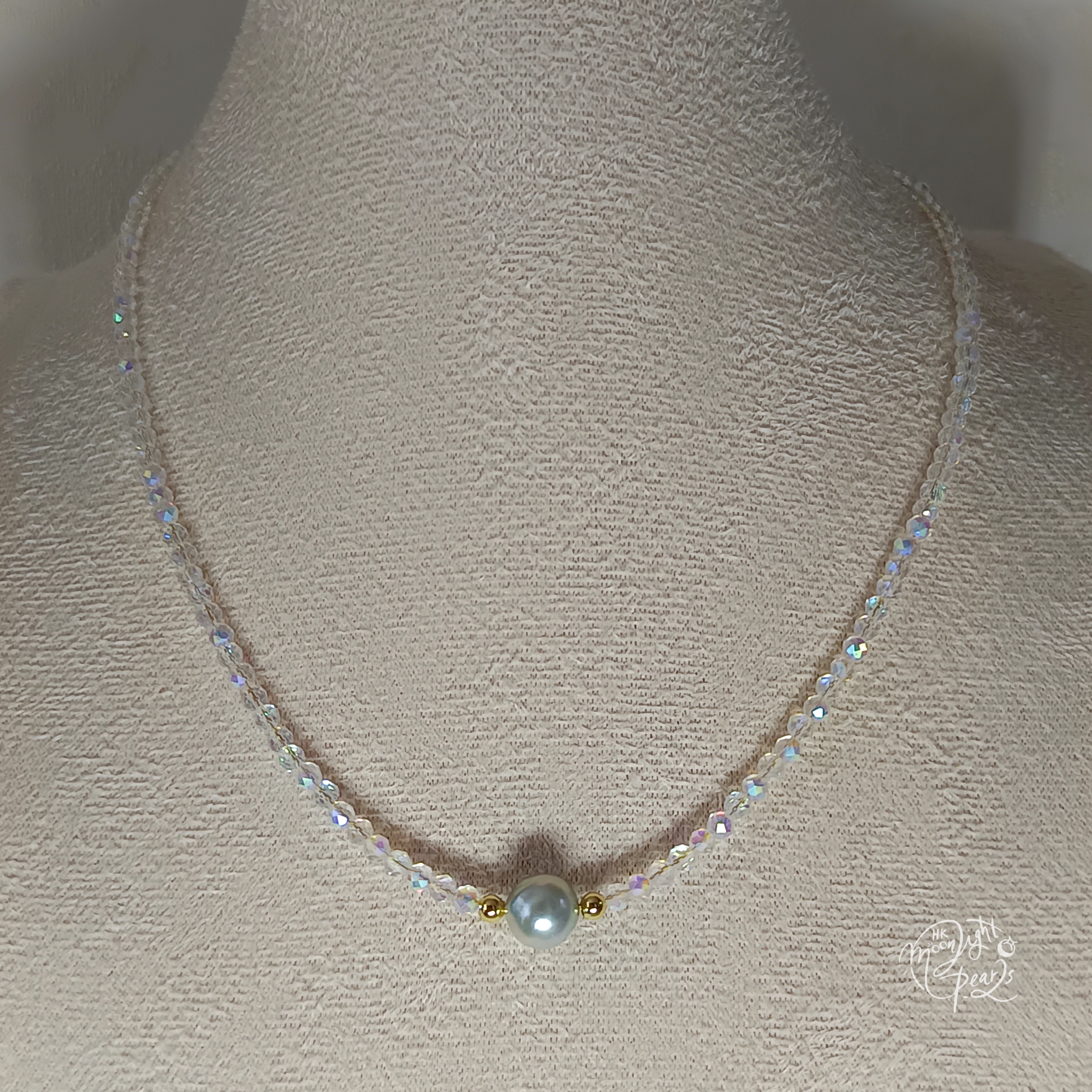 近正圓強光日本真多麻海水珍珠+施華洛幻彩水晶注金尾鍊扣時尚鎖骨鍊