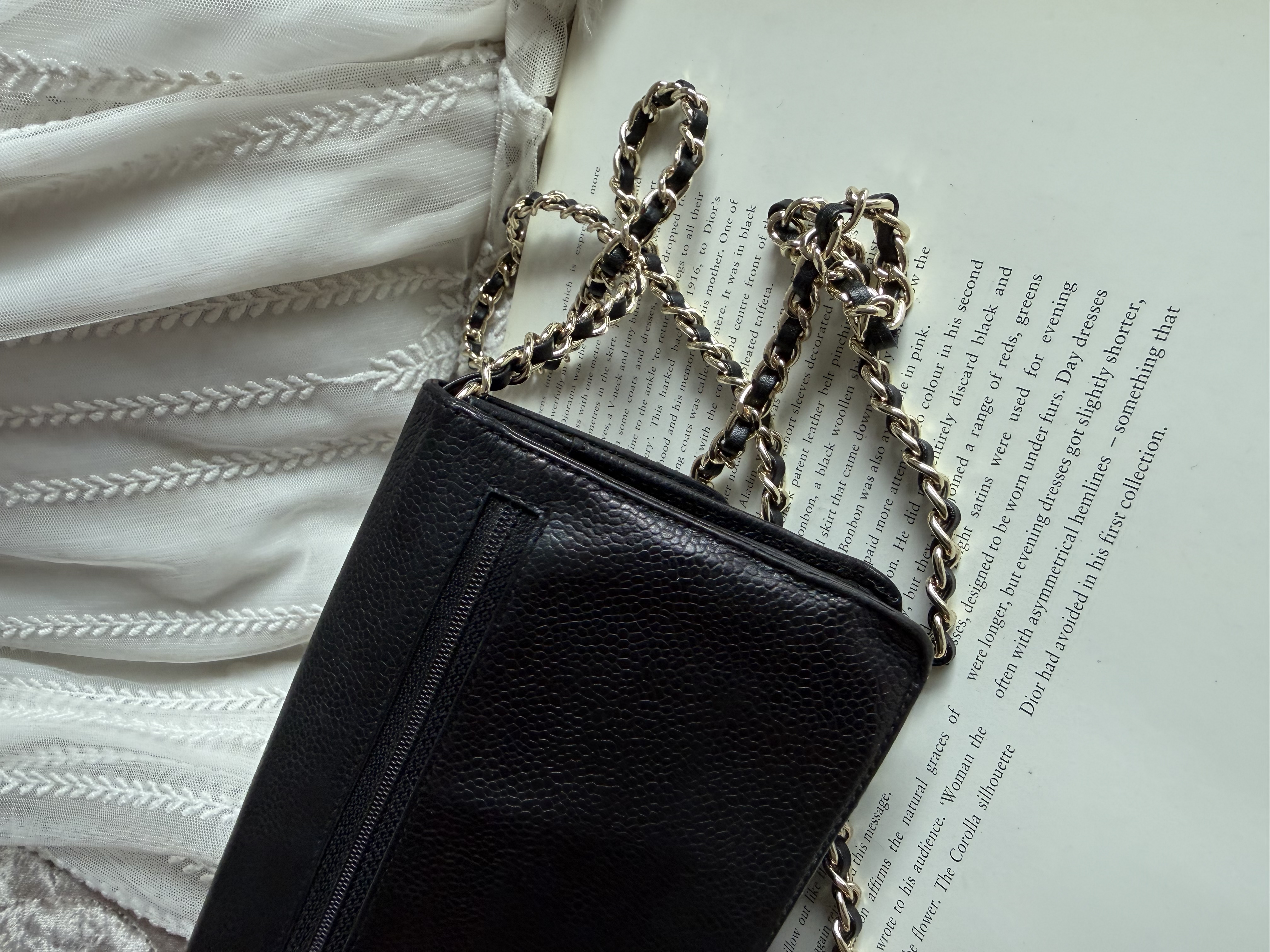 Vintage chanel black caviar leather long wallet