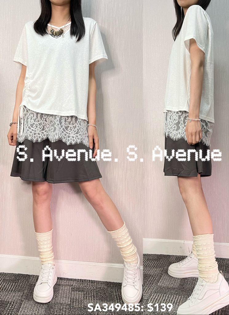 SA349485: 短袖V領拼lace束腳top