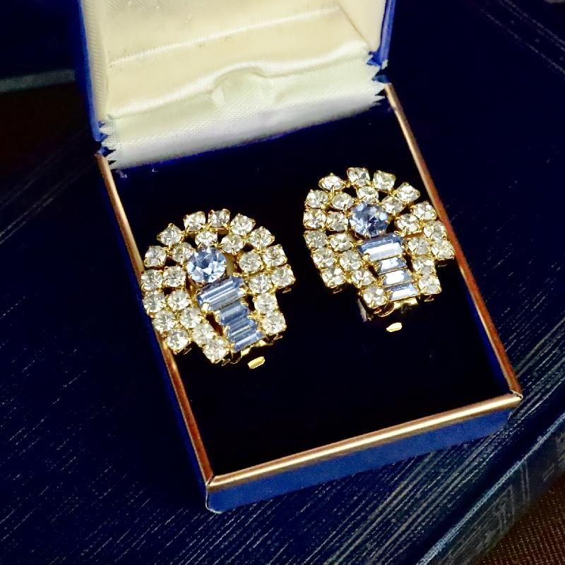 Vintage C.a. 1970-80s Czechoslovakian Blue Baguette Glass and Rhinestone Sparkling Cocktail Clip Earrings - New Old Stock(MZ054)