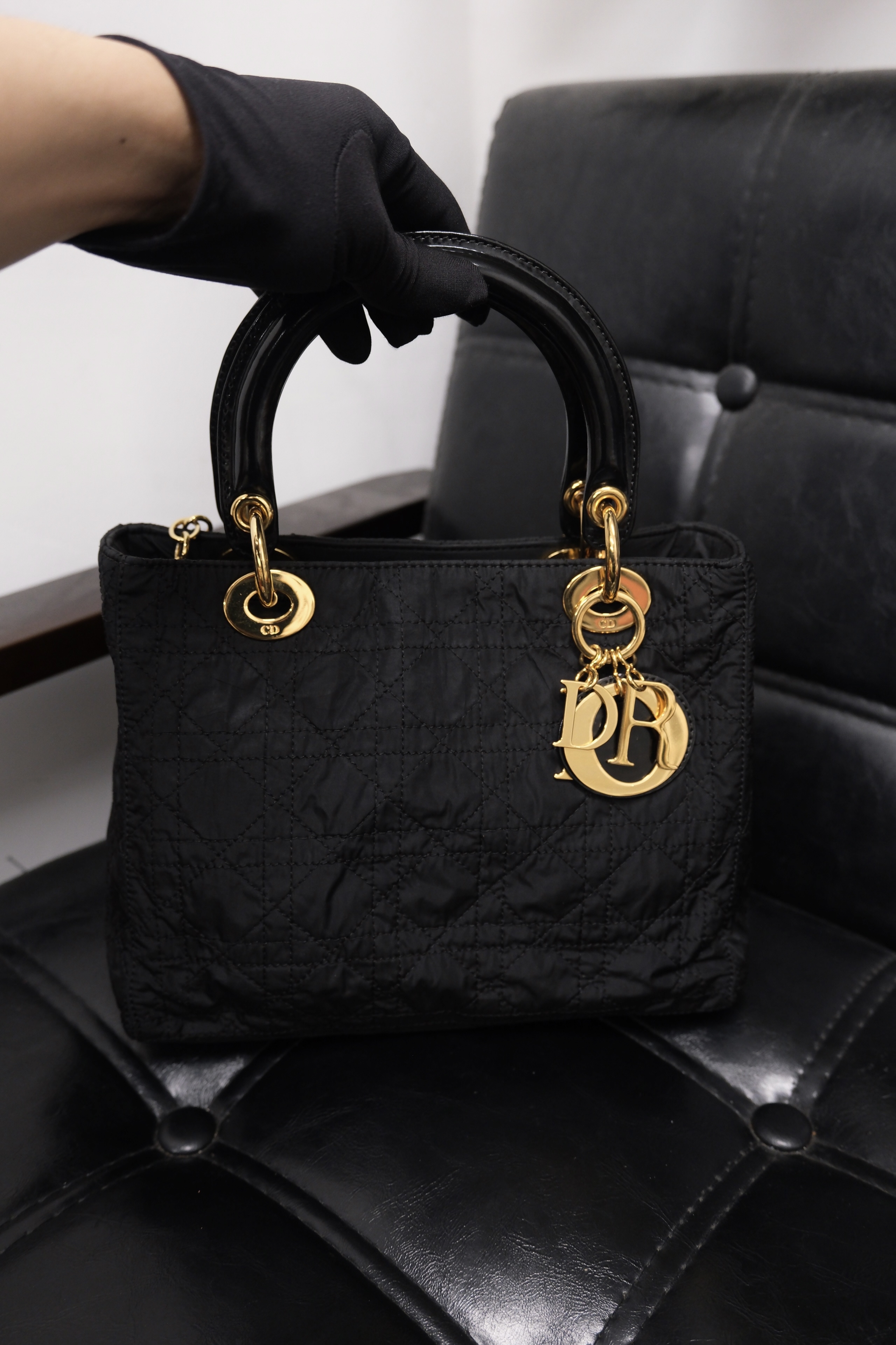 Dior Lady Dior Cannage Nylon Hand Bag Black Gold