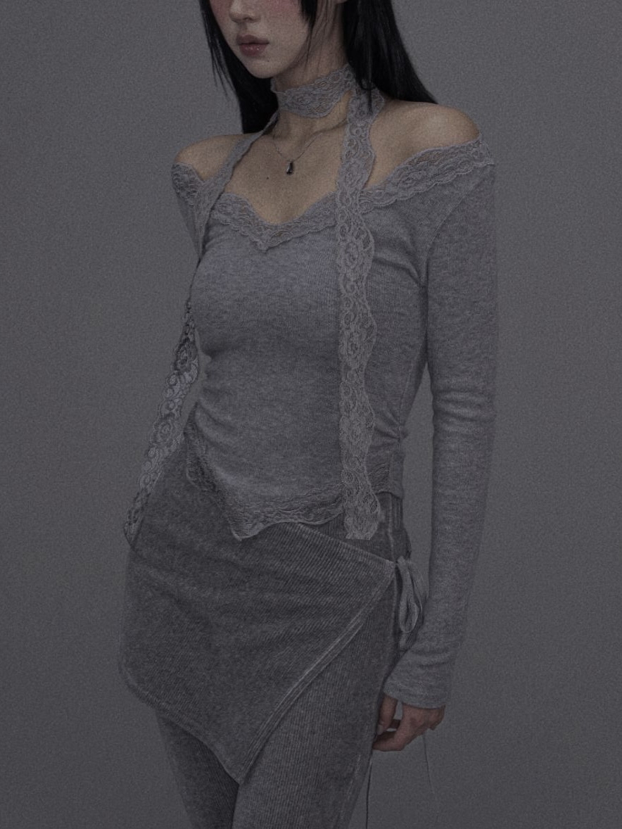 Lace V-Neck Top and Scarf Set