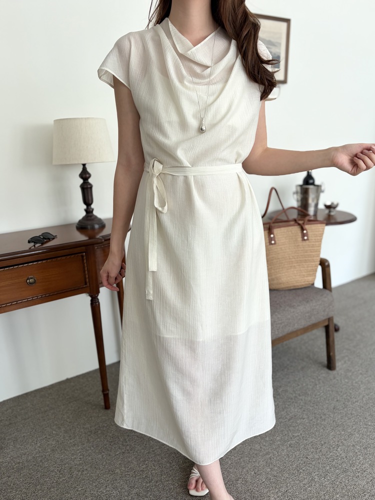 Draped Neck Dress with Inner Slip (Cream)