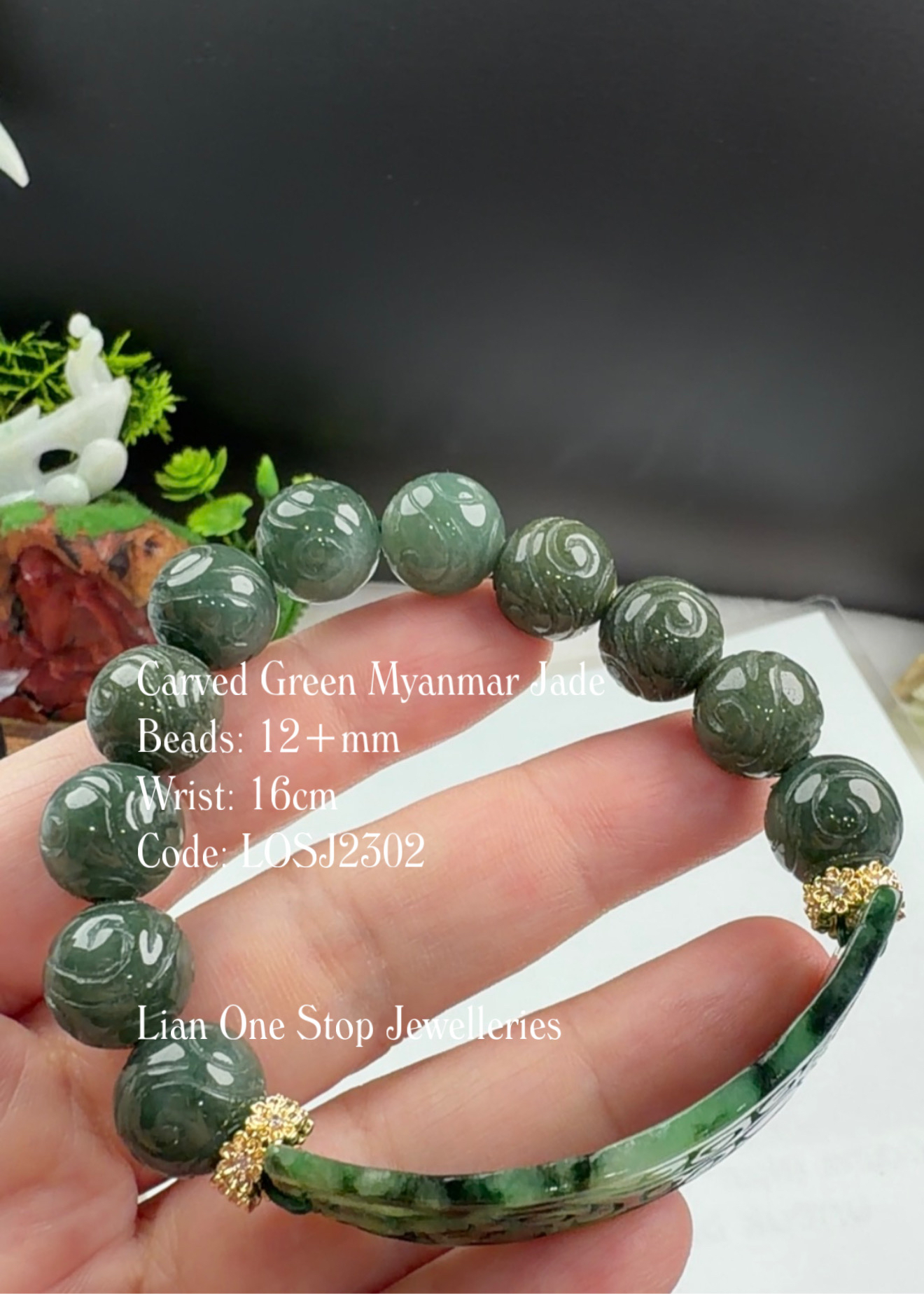 Code: LOSJ2302 Carved Green Myanmar Jade 12+mm