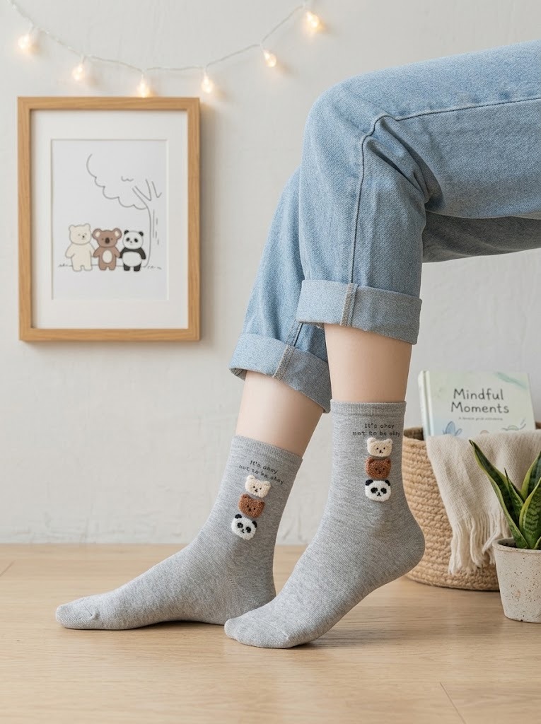 Korean 3D Trio Bear Head Calf Women's High Crew Socks
