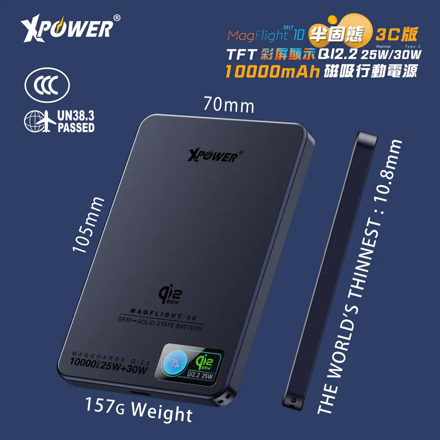 CCC | 3C認證 XPower MagFlight10 M17 鋁合金半固態TFT彩屏顯示 QI2.2 25W/30W 10000mAh 磁吸行動電源