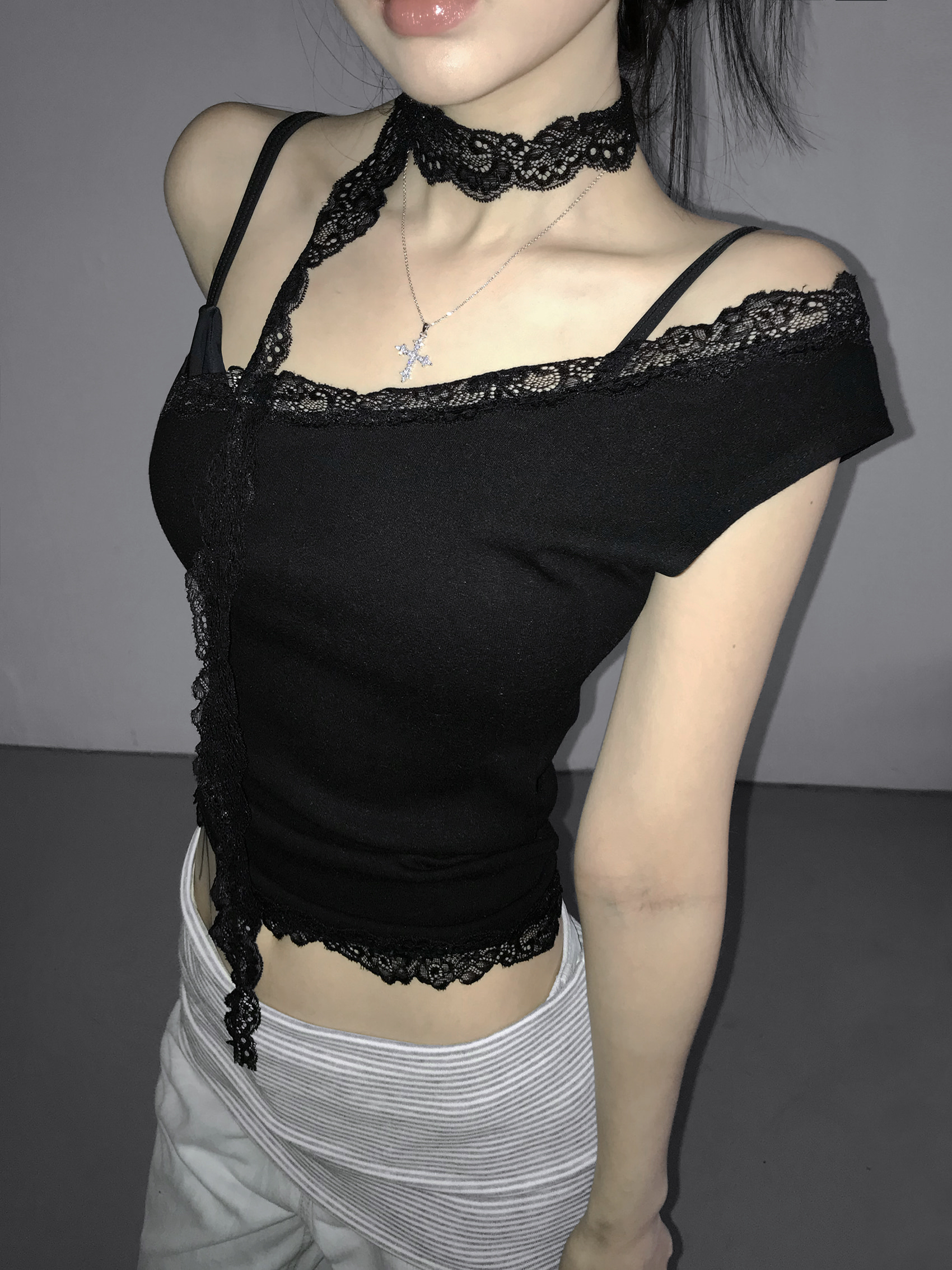 Asymmetrical One-Shoulder Lace Trim Top with Scarf