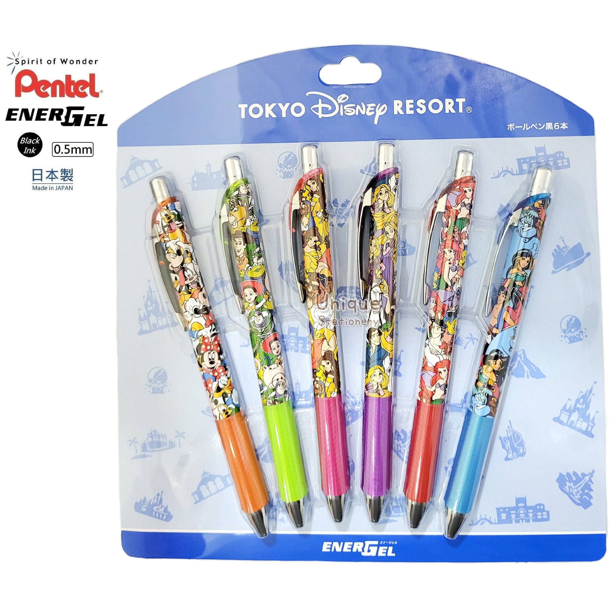 現貨｜【日本 Disney Store 限定】一套6枝 Mickey Mouse 米奇 Toy Store 公主 日本製 Pentel EnerGel 0.5mm  黑色 啫喱筆 060395