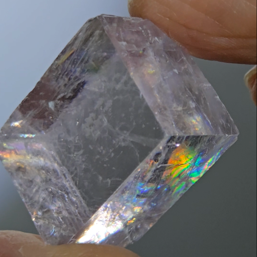 Purple calcite cube with rainbows - PC14