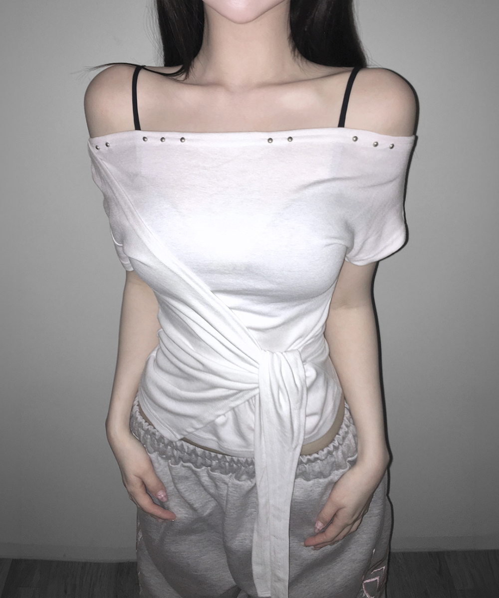 Studded Off-Shoulder Wrap Top