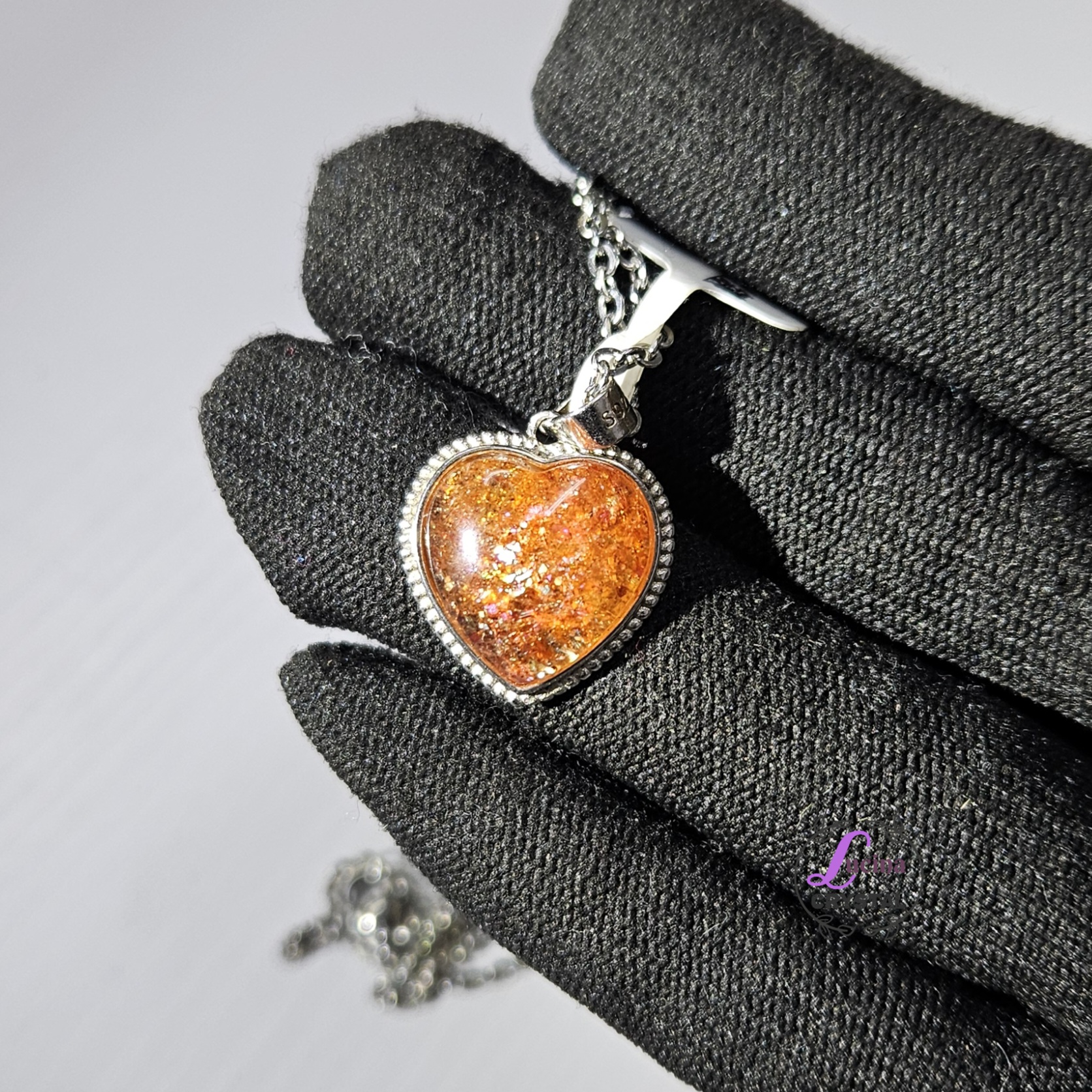 (Co#7062) 金太陽S925銀鑲嵌心形吊墜+不銹鋼頸鏈