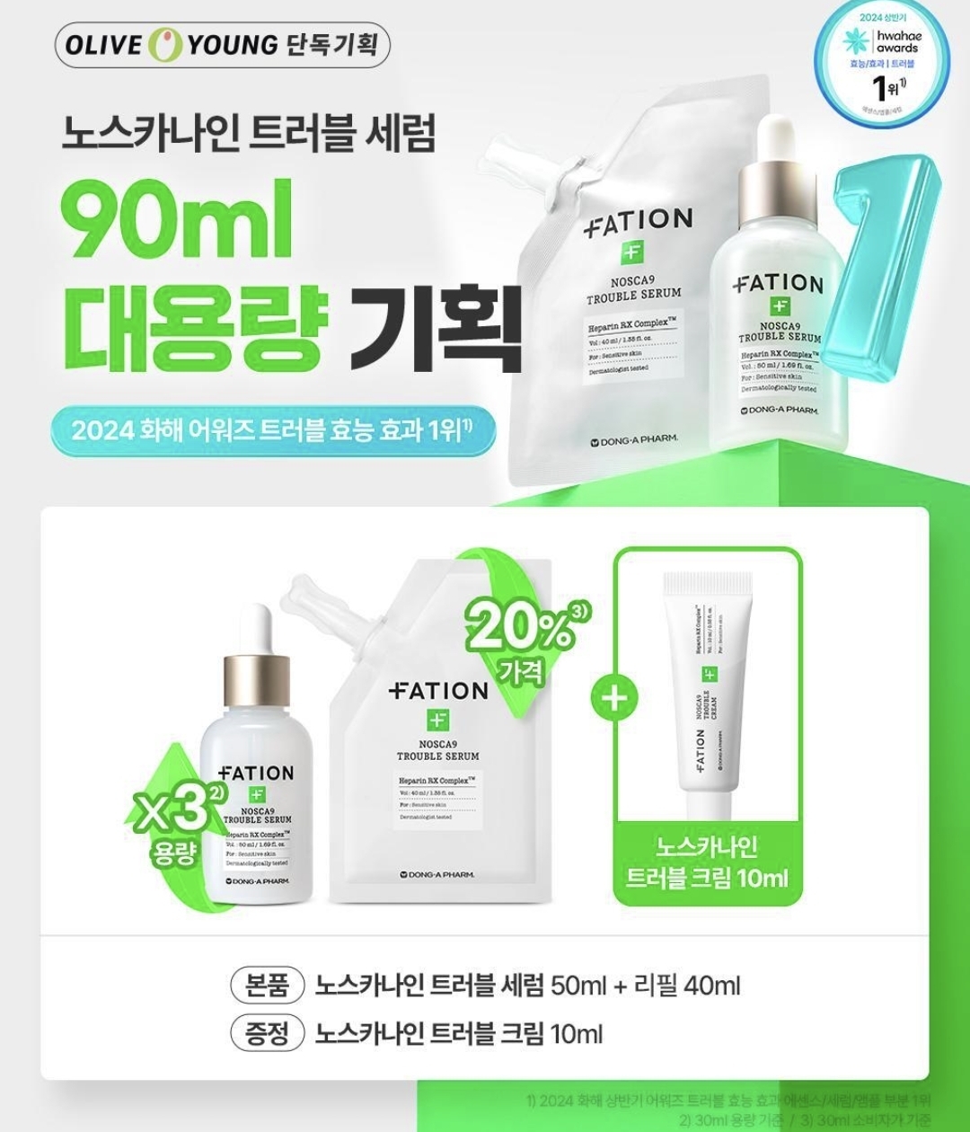 韓國東亞製藥 FATION Nosca9 Trouble Serum 專利肝素淨痘鎮靜精華 Olive young 限定套裝 
