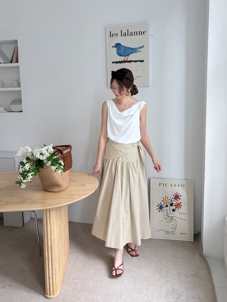 Wrap-Waist Flare Skirt (Beige)