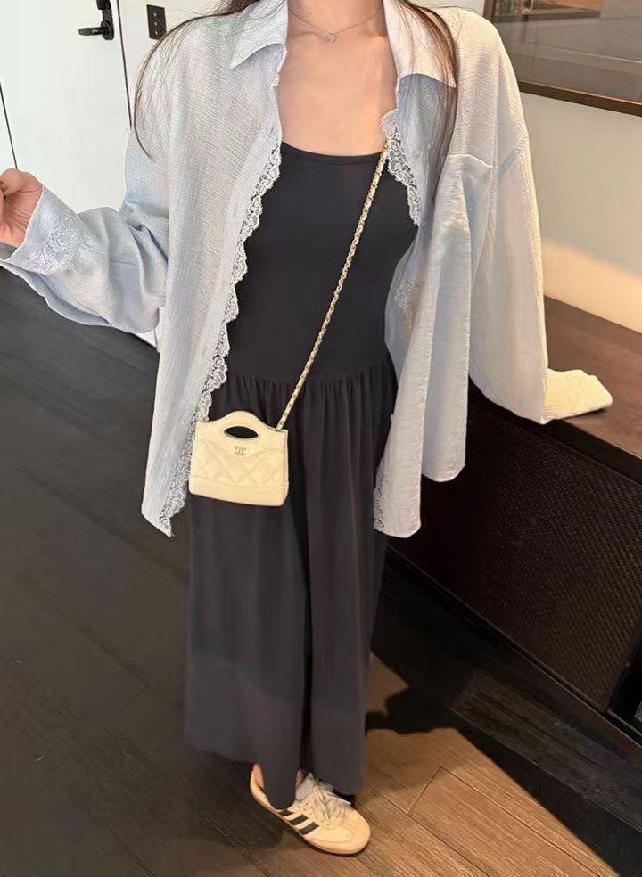 1753 Sheer Lace Shirt & Slip Dress Set Freesize法式蕾丝衬衫+吊带裙套装 
