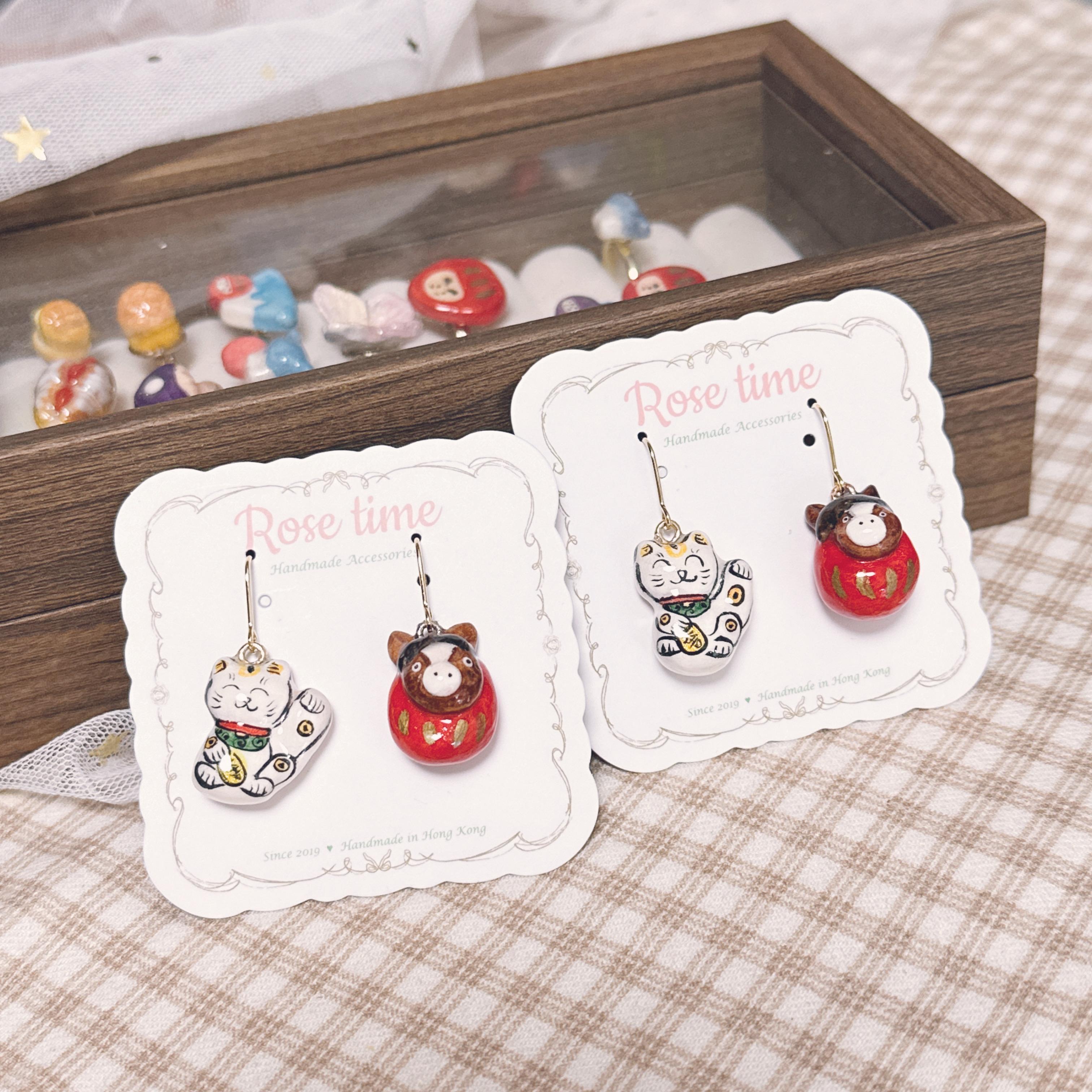 手繪招財貓貓🐱馬年達摩耳環