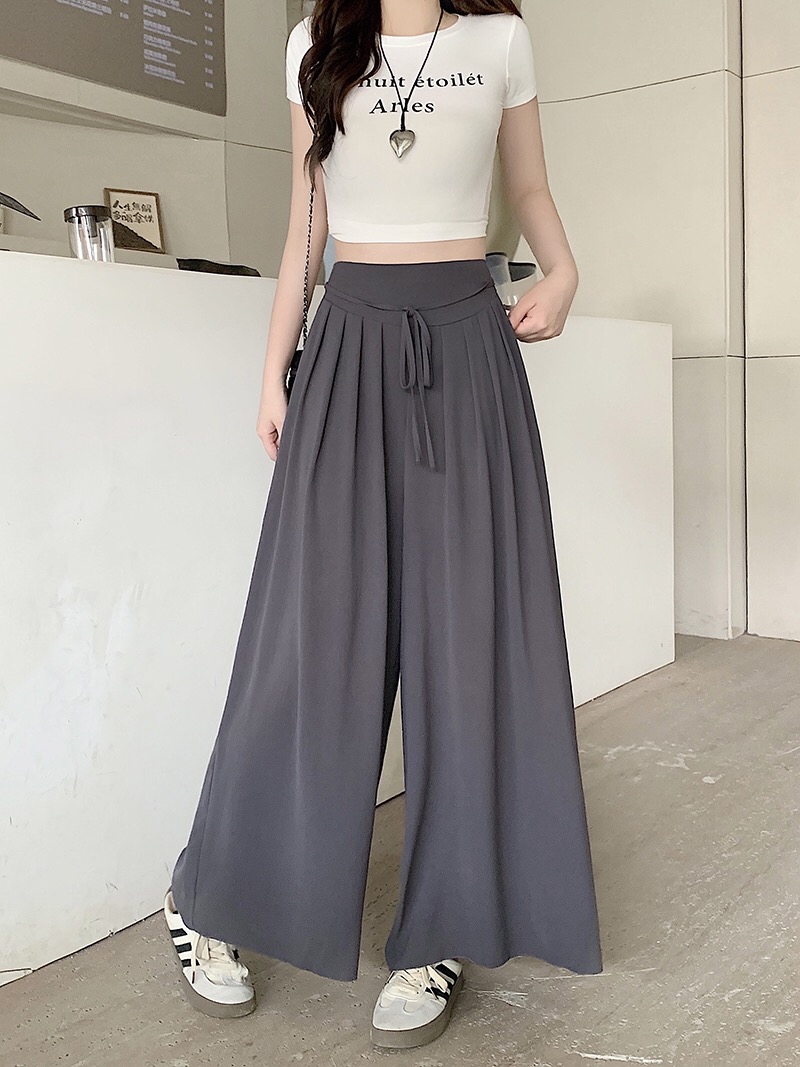 B252(21811) 韩版慵懒风显瘦捏痕腰系带3色阔腿长裤