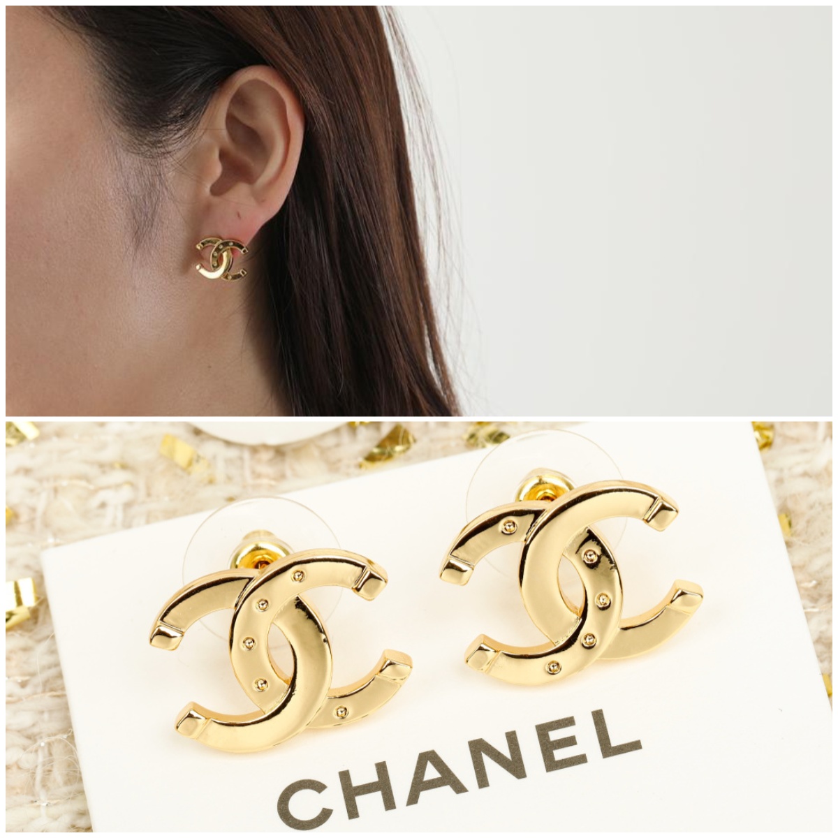 CHANEL 金色小號CC鉚釘耳環