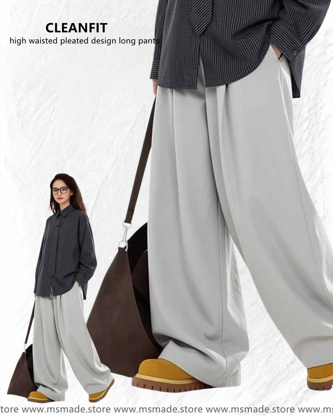 M2538高腰皺褶設計感落地褲