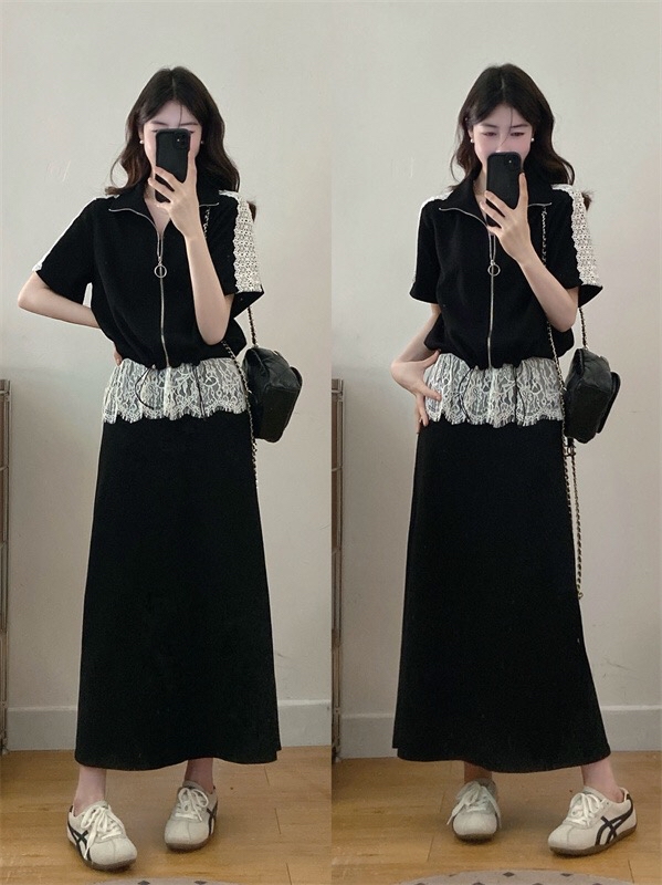 B205(3122) 法式时尚前排拉链拼肩袖蕾丝下摆束带上衣与蕾丝边长裙黑套装
