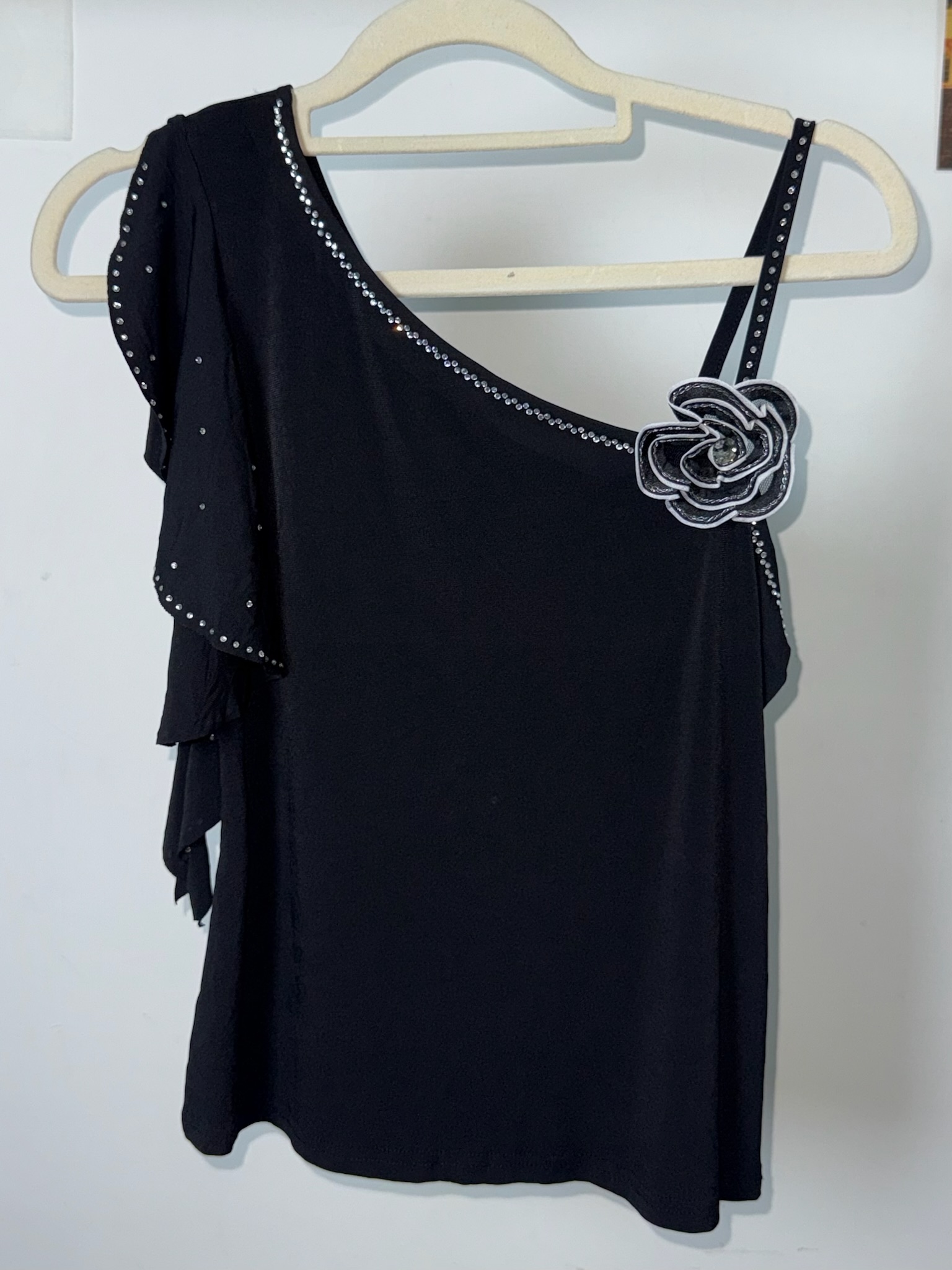 One-Shoulder Rhinestone Top with 3D Corsage