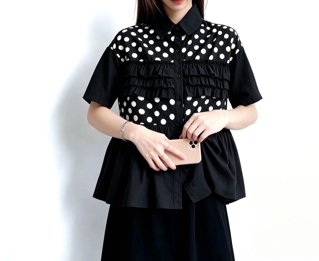 日系波點ruffle Top