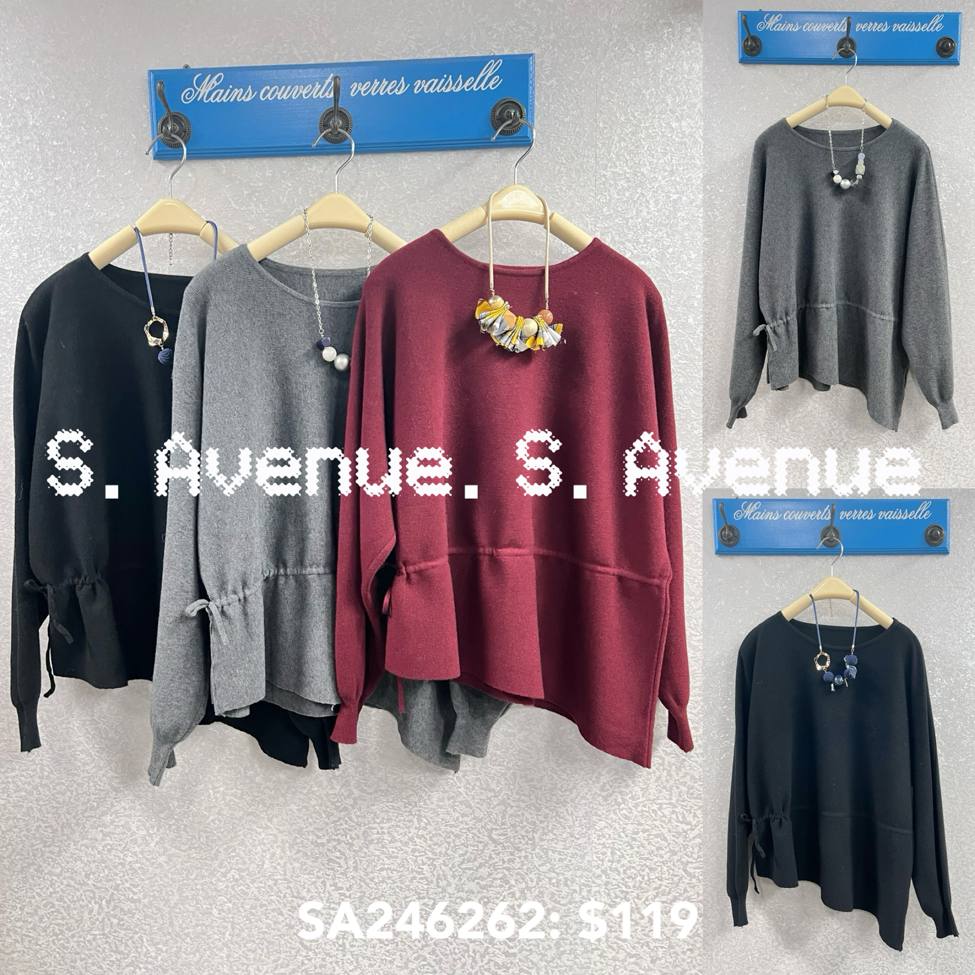 SA246262: 長袖小蝙蝠鈄腳束腰線冷top