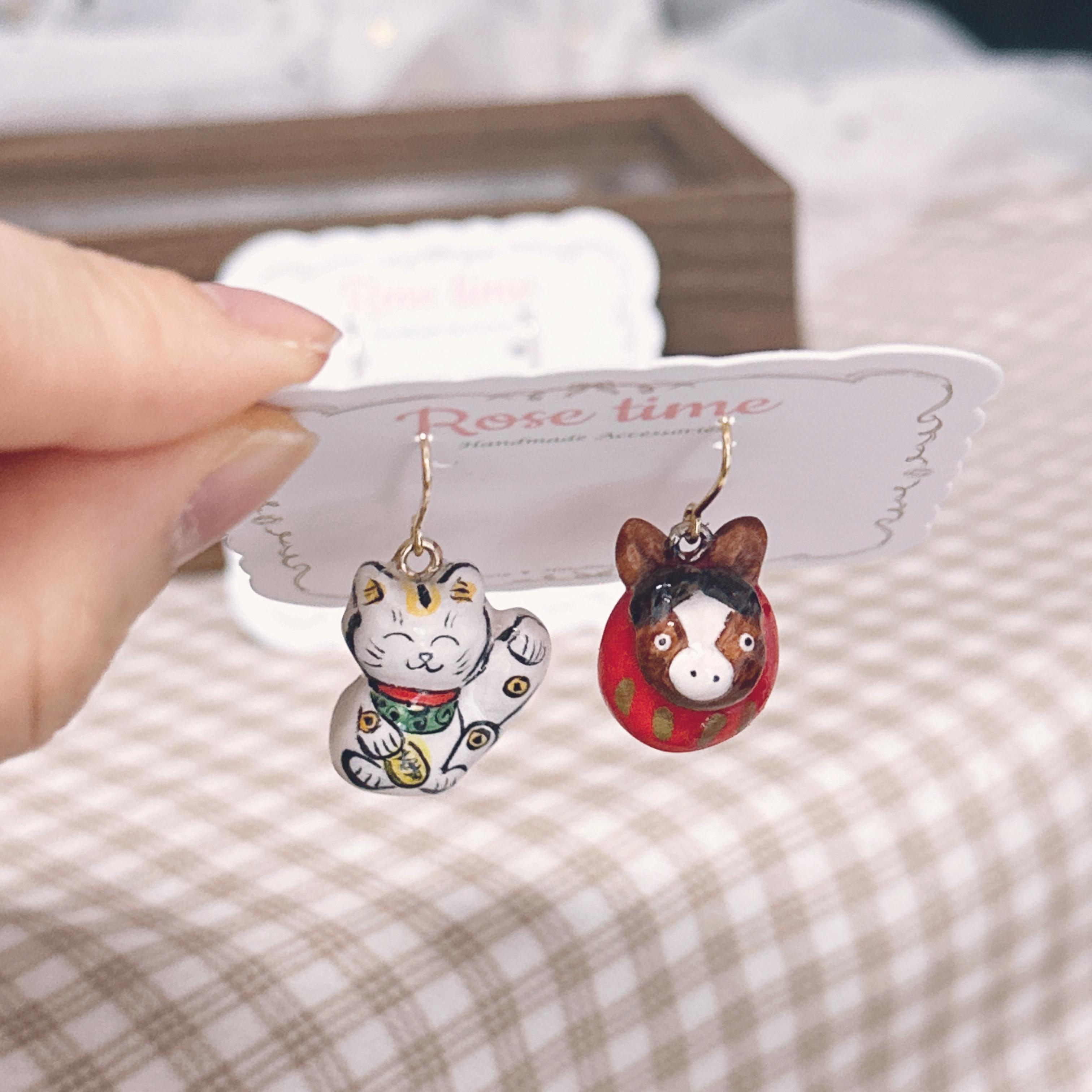 手繪招財貓貓🐱馬年達摩耳環
