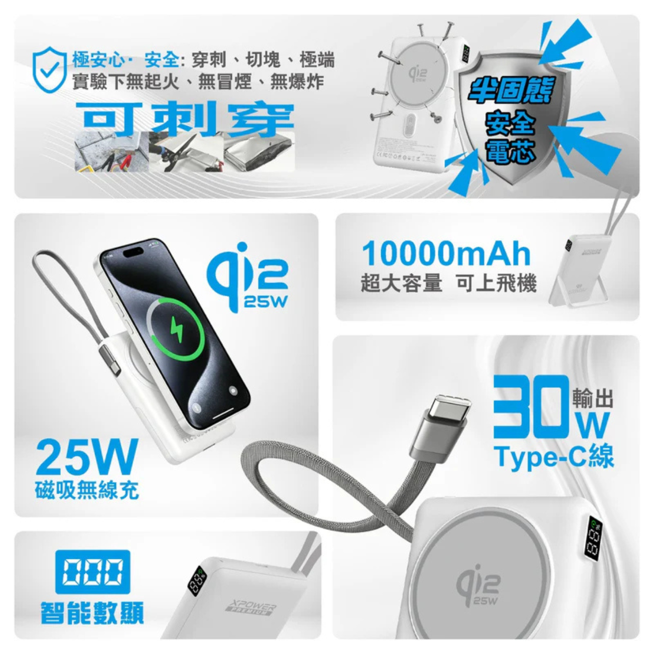 XPower 最新技術SSB10pro 6合1 10000mAh可刺穿安全電芯磁吸無線充移動電源