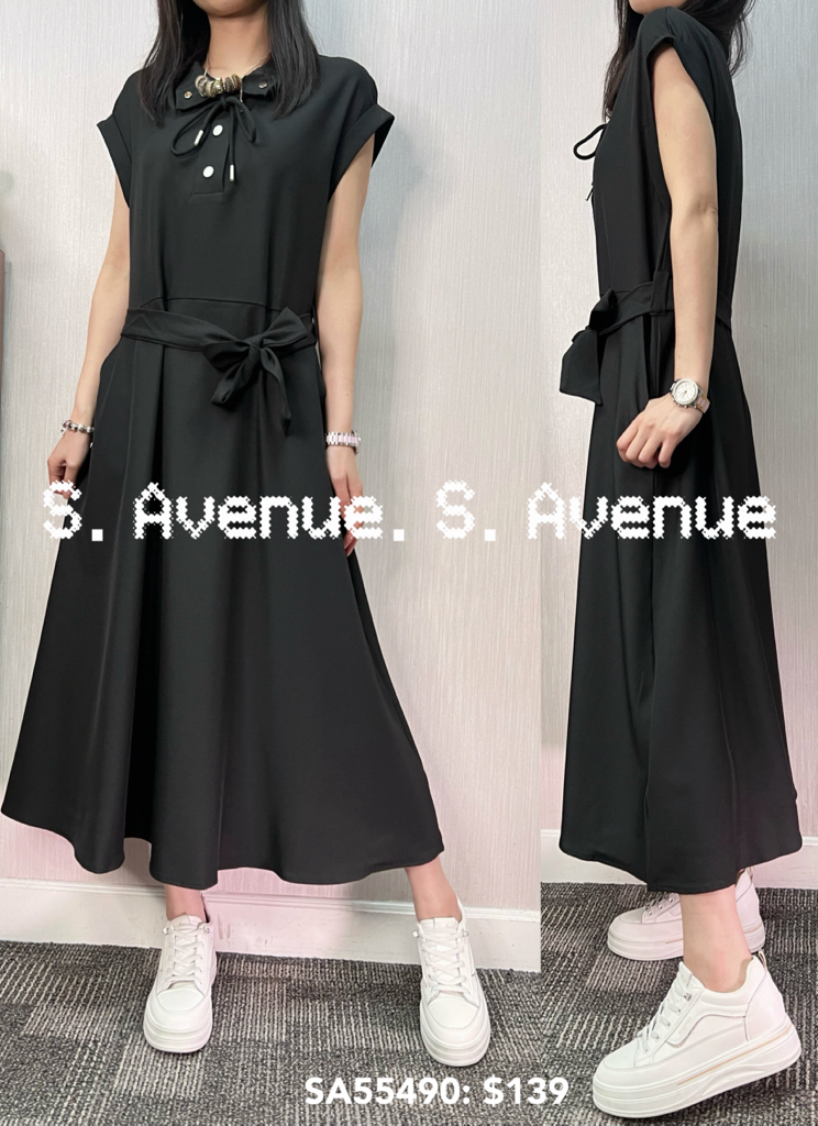 SA55490: 短袖領有鈕腰綁帶顯瘦op