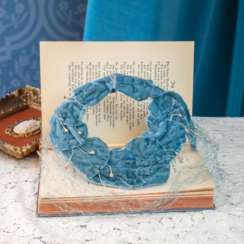 Rare - Vintage C.a. 1950s Blue Velvet Floral Halo / Half Hat Fascinator