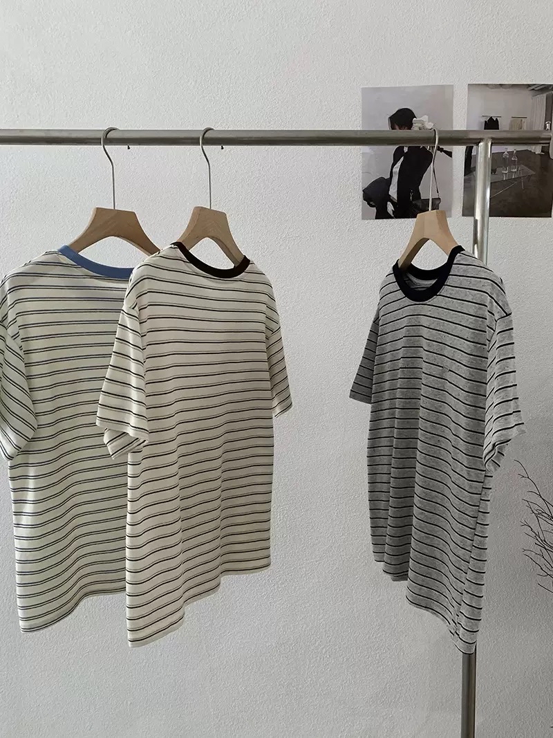 装色条纹短袖宽松Tee