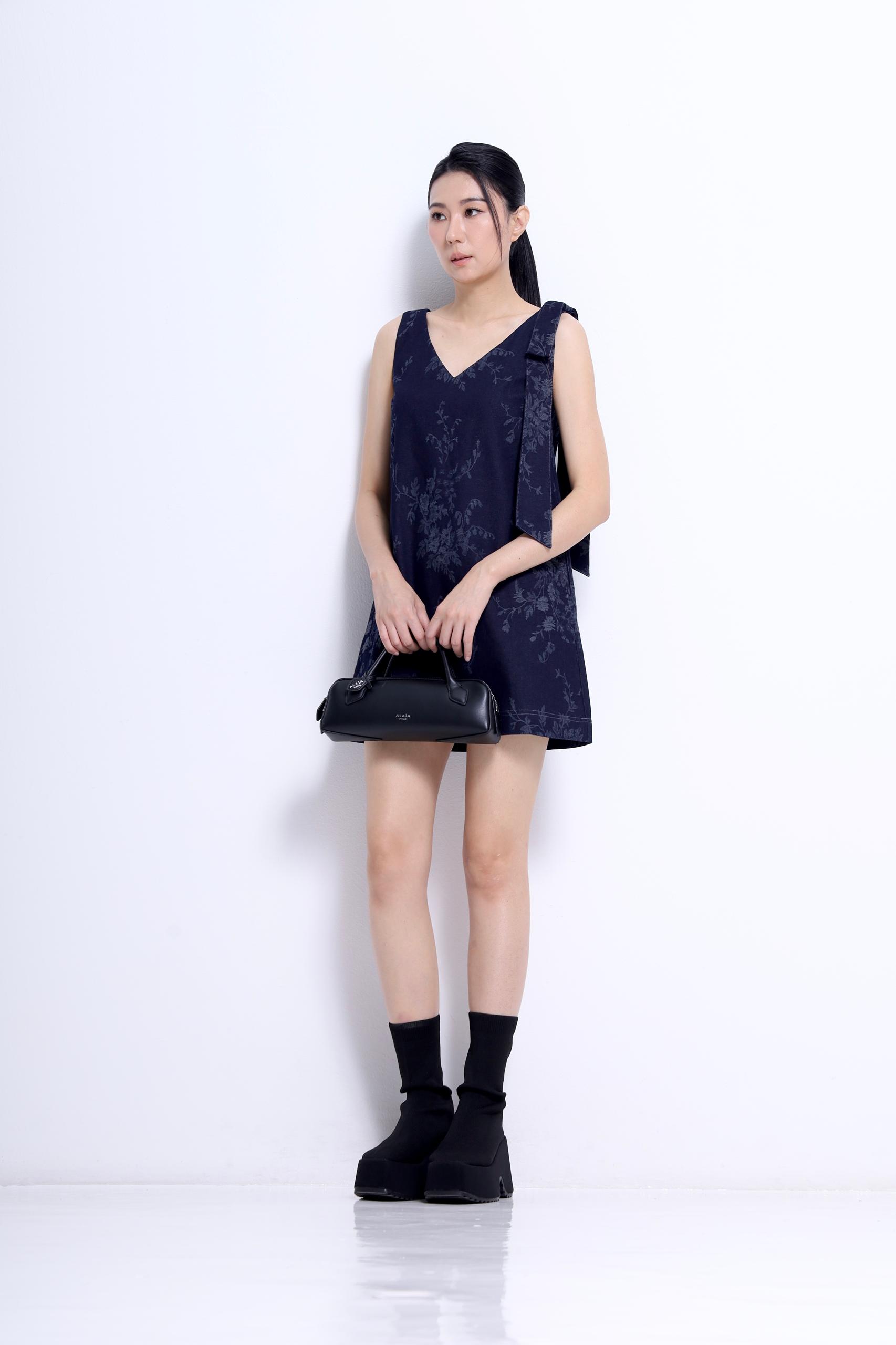 CD2156 Jacquard Denim Bow Shoulder Shift Dress
