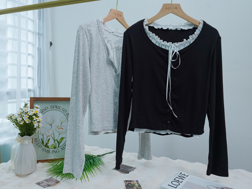 Sweet Lace Collar Tie Front Cardigan Top ‖ 甜美蕾丝领绑带设计感开衫上衣 KR01505