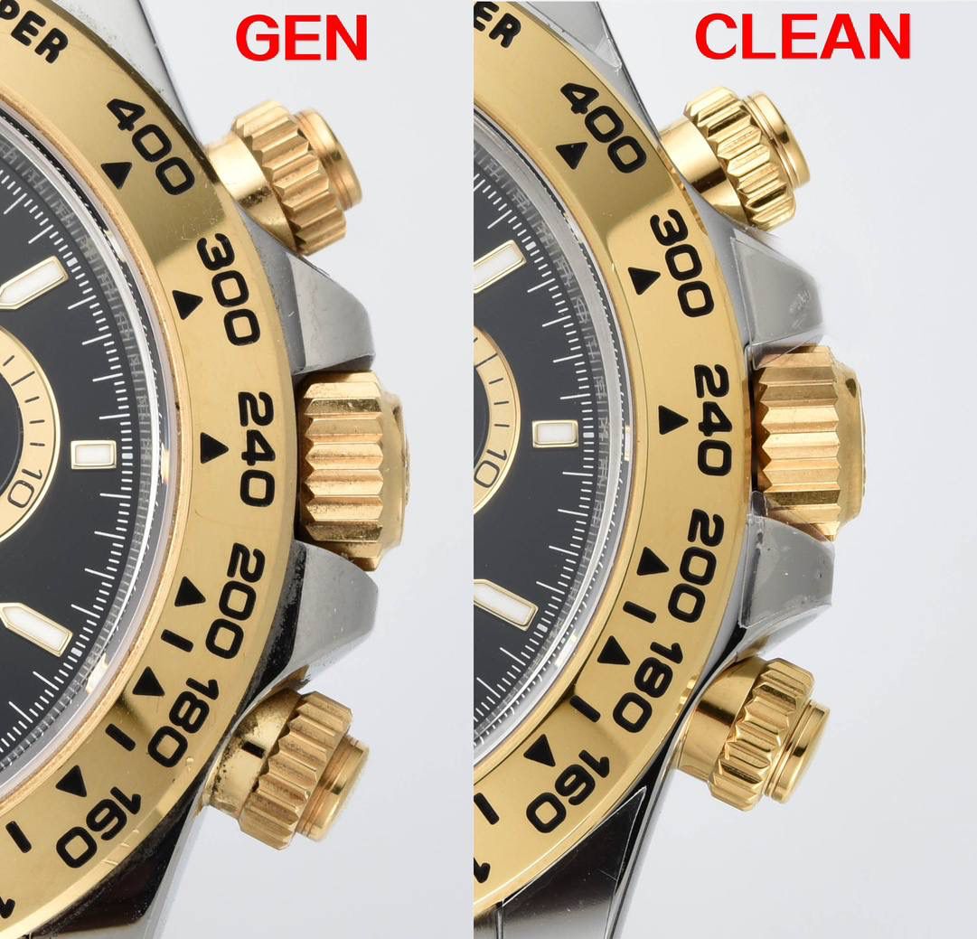 真假对比｜Clean厂 / C厂 126503（4131机芯） 🔥🔥🔥 间金黑面条钉 / 间金黑面钻钉（莫桑石） 本次对比依旧基于真品开模。C厂坚持每一款腕表都需购入真品进行拆解研究，而非单纯“看图做货”。这是我们一直以来对表友负责的基本原则。 此次推出的 126503 新款，最大亮点在于全新的 369 表盘设计： ✅表盘中心采用放射纹工艺 ✅边缘圆环区域则使用细腻的磨砂处理 ✅在外圆内侧还增加了一圈 约 30° 角度的抛光亮边 这些细节并非肉眼即可轻易判断，只有在完整拆解真品后才能准确还原，本次也都一一进行了复刻。 钻钉版本依旧采用 莫桑石 制作，在亮度与切工层面保持稳定表现。 从整体对比图中可以直观感受到 C厂在细节处理上的投入。高制作成本也意味着成品标准更高，因此在价格层面相较部分同类产品会略高一些，这一点也希望大家能够理解。 值得一提的是，C厂几乎会为每一种配色单独购入真品进行开发，因此其真假对比往往也是最完整、最真实的。同时，部分款式因工艺要求较高，会经历多轮反复修改，个别零部件的开发周期甚至以“年度”为单位计算。 我们的原则始终明确： 真品开模，做不到位，绝不出货。 宁缺毋滥，这从来不是一句口号。