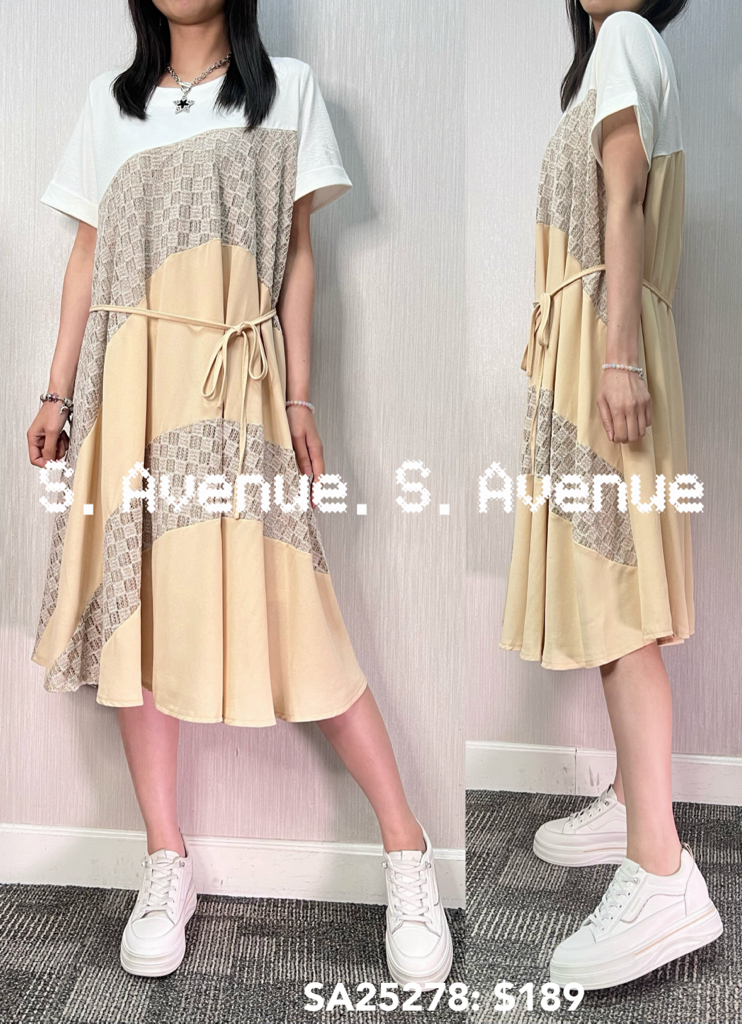 SA25278: 短袖拼lace拼雪紡A字裙