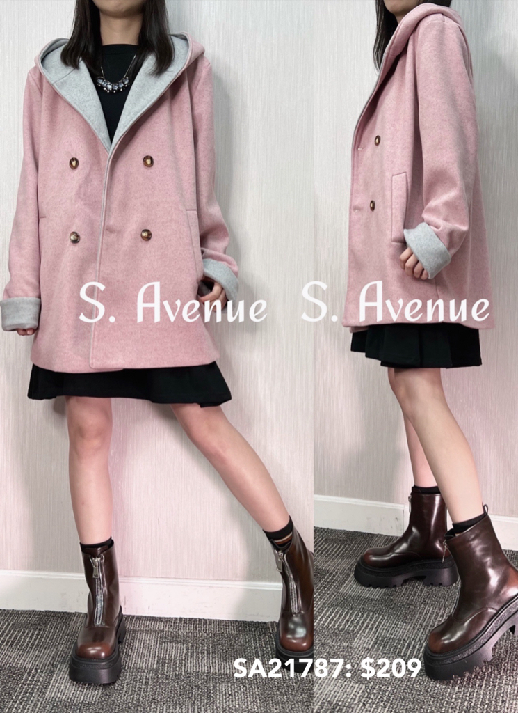 SA21787: 長袖撞色帽雙排鈕絨料褸