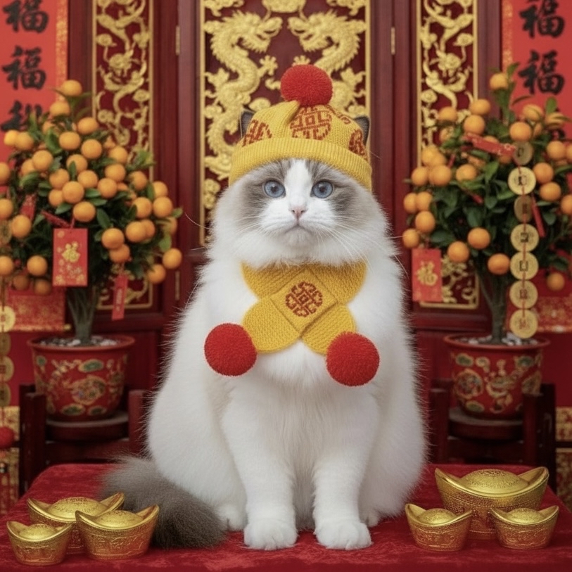 T912Y 賀年冷頸巾 - 黃色配紅毛球 New Year cold scarf - yellow with yellow fur balls