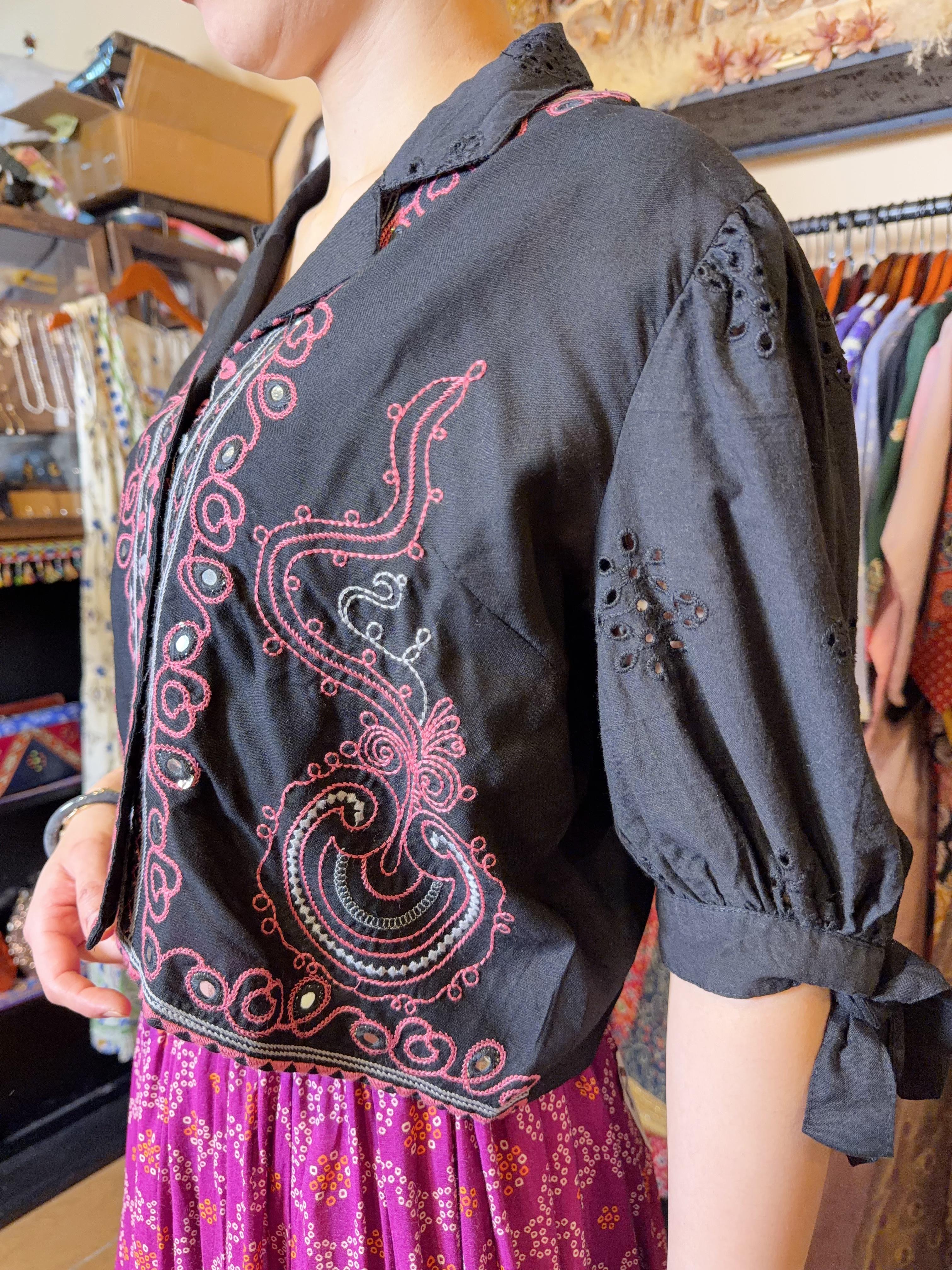 Black with Rose Pink Emb. 2-way Top with Lace Sleeve #1147