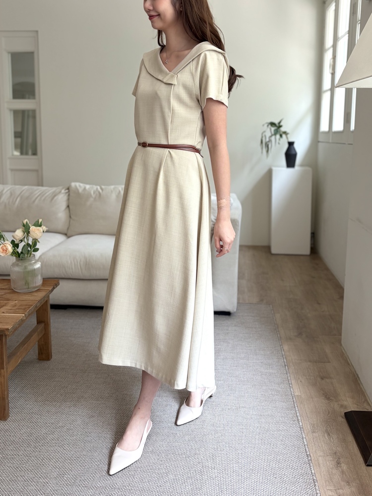 Sailor Collar Belted Dress (Beige)