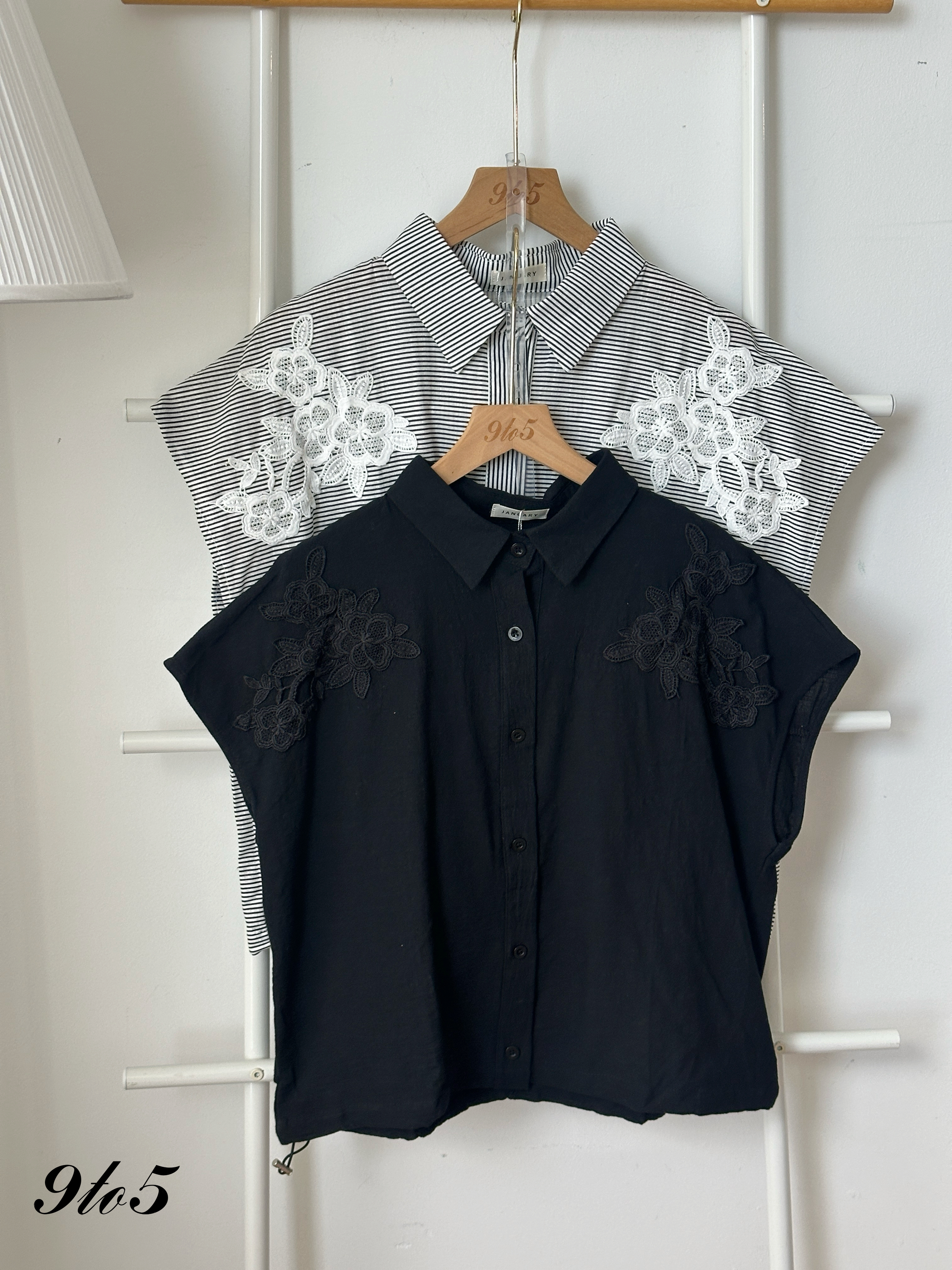 T4259 Cape Sleeve Embroidery Floral Shirt - Black & Stripe