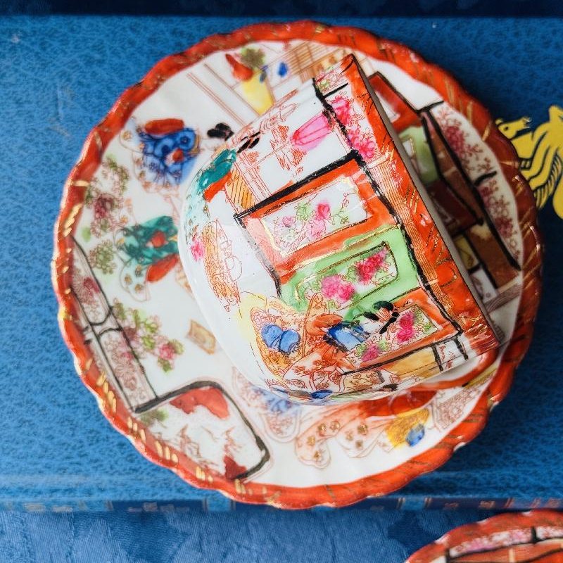 Vintage Pre-1950s Egg-Shell Quality Hand-Painted Japanese Tea Set Pair – Elegant Kimono-Clad Ladies in Traditional Home Scenes(MT2033)