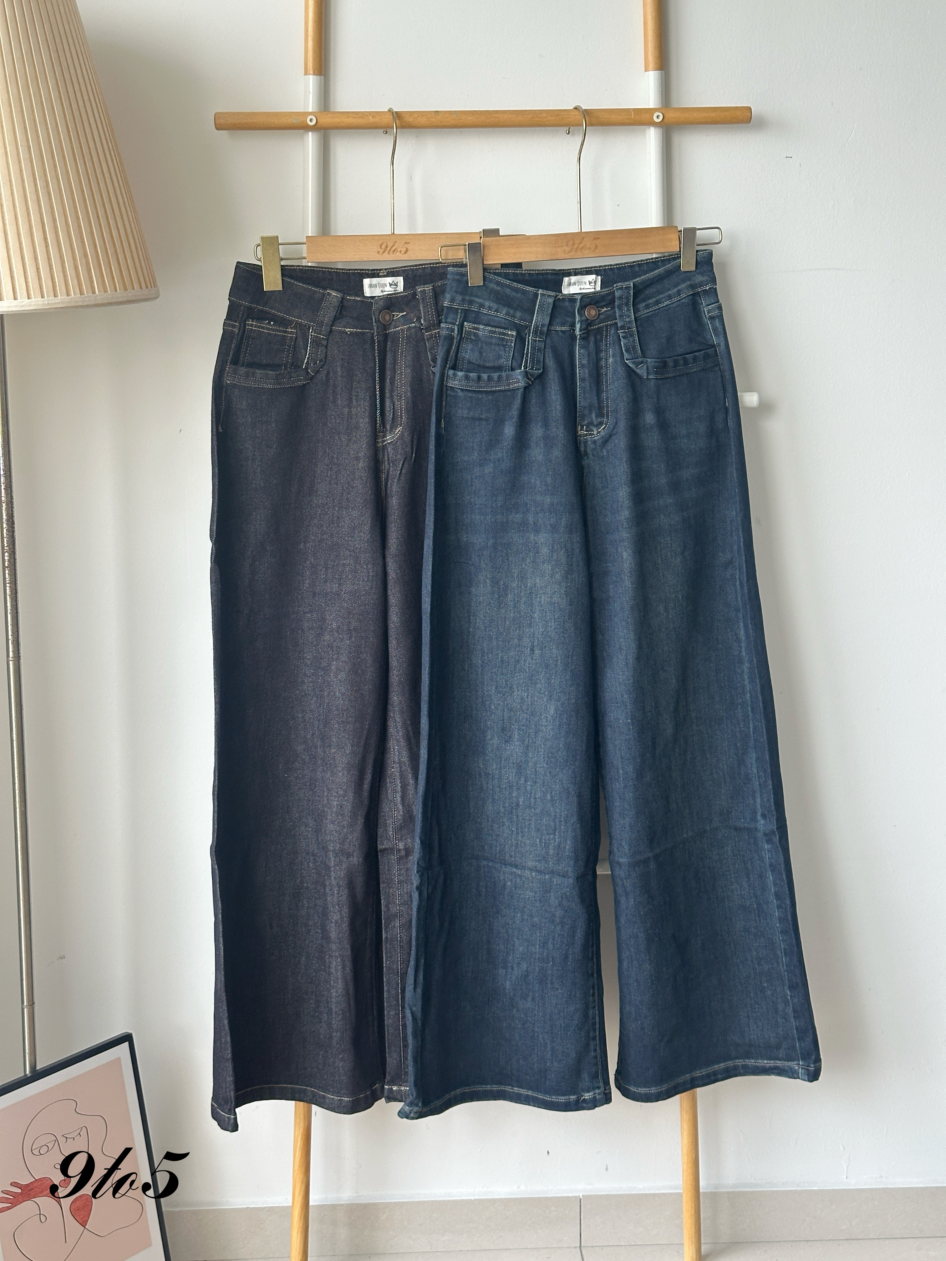 S1844 Wide Leg Long Jeans - Black & Blue